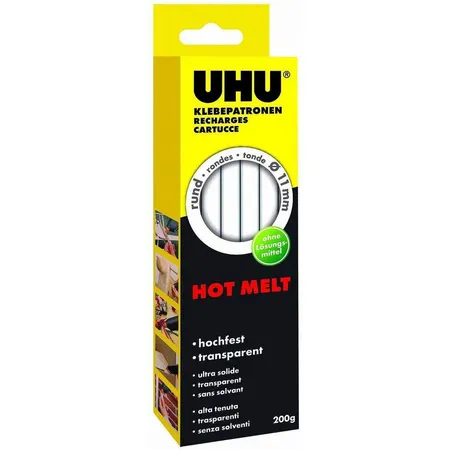 UHU Heißklebepatronen Hot Melt, Transparente Klebepatronen, 11 mm Durchmesser, 200 g, transparent
