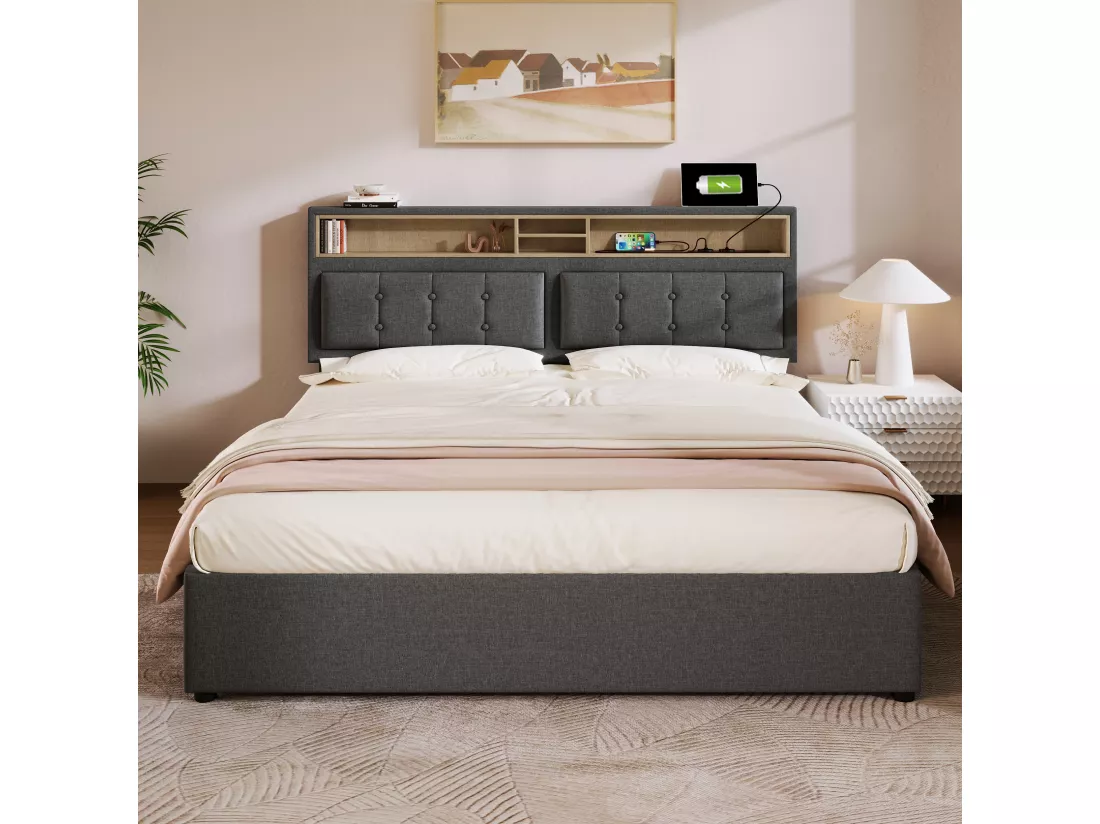 Lit coffre 140 x 200 cm avec tête de lit rangement - prise USB & C - tissu en lin - gris
