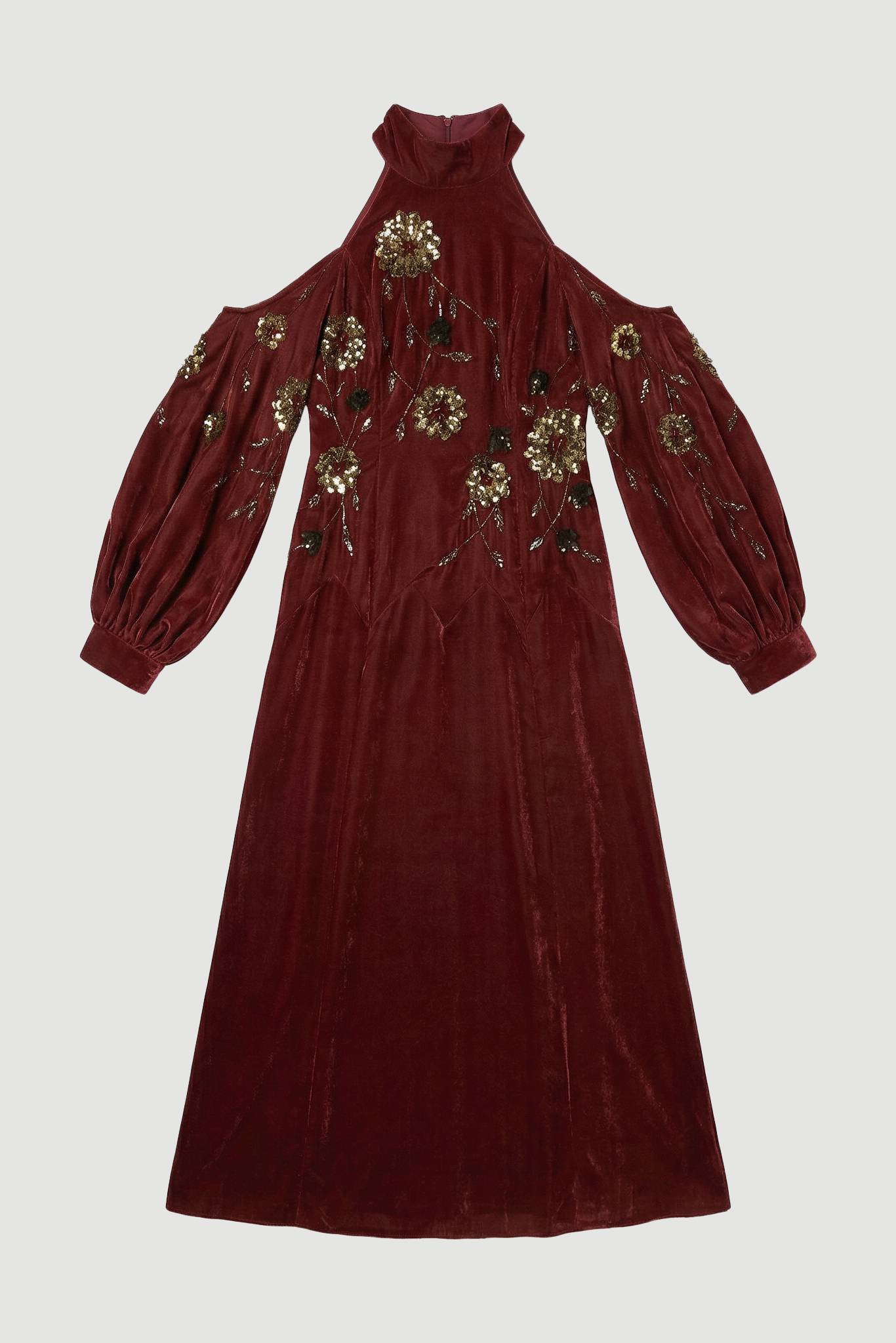 KarenMillen Robe Maxi Tissée en Velours à Épaules Dénudées avec Appliqués Floraux 3D