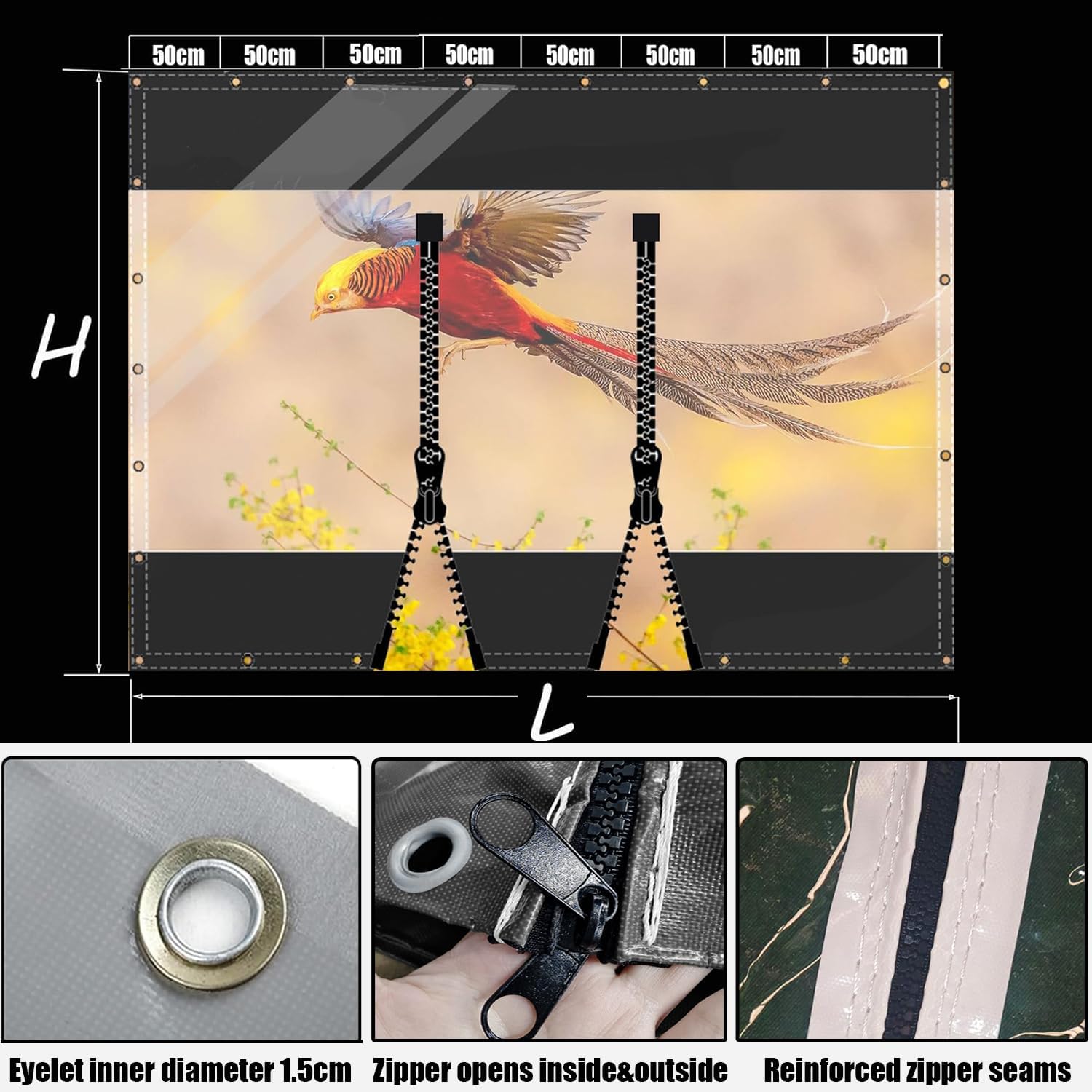 Transparent Pavillonplane Gartenplane mit Ösen PVC Winddicht Vorhang 0.5mm Wasserdichter Plane Trennvorhang für Draussen Terrassen Garten Balkon 2x2.6m(HxL) Schwarz mit 2 Reißverschlüsse