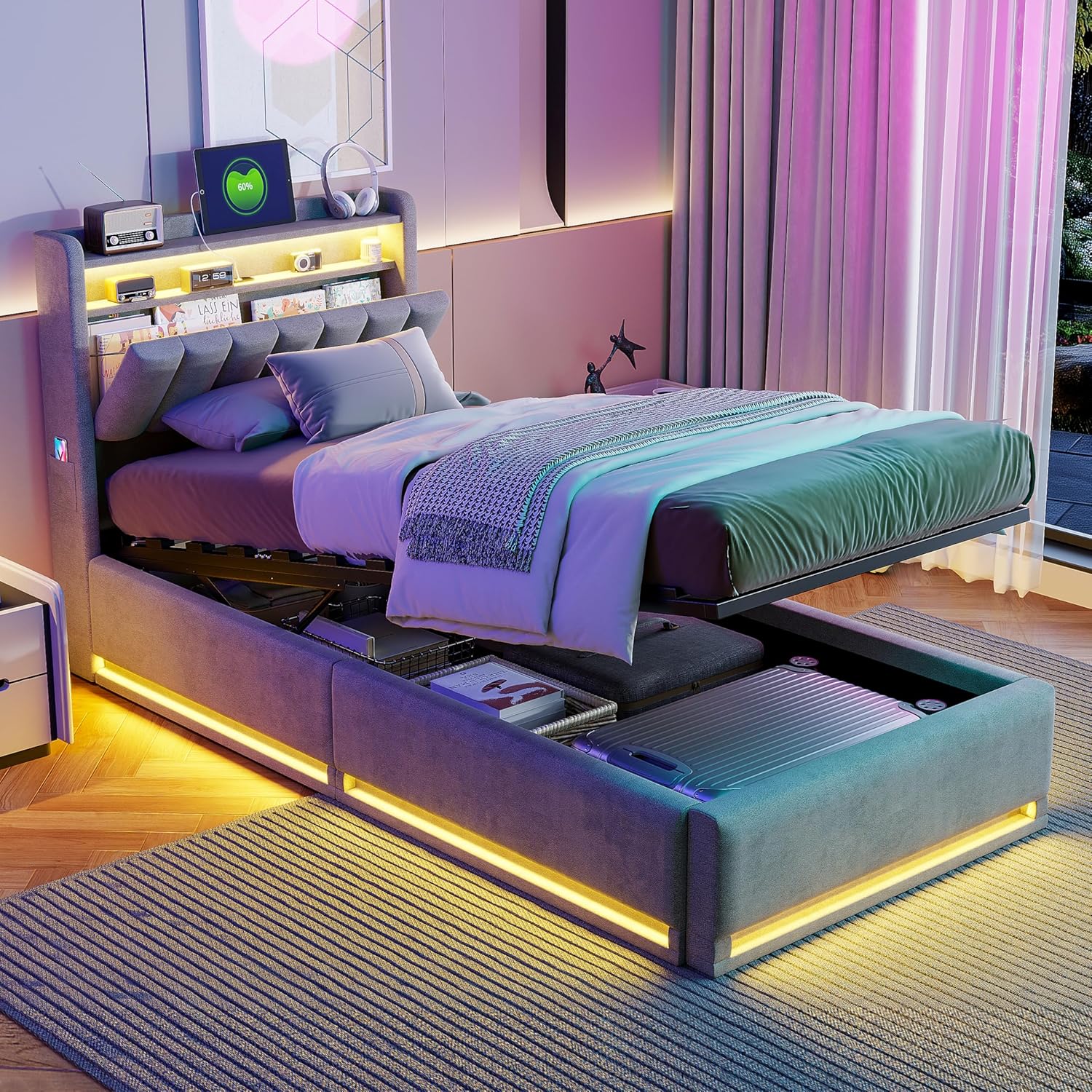 Polsterbett Boxspringbett 90x200 cm mit LED USB Aufladen Kinderbett mit Stauraum und Bettkasten, Bettgestell mit Lattenrost Hydraulisches Bett Jugendbett Samt Grau Ohne Matratze