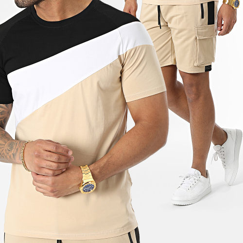 Ensemble Tee Shirt Et Short Jogging E396 Beige Noir Blanc