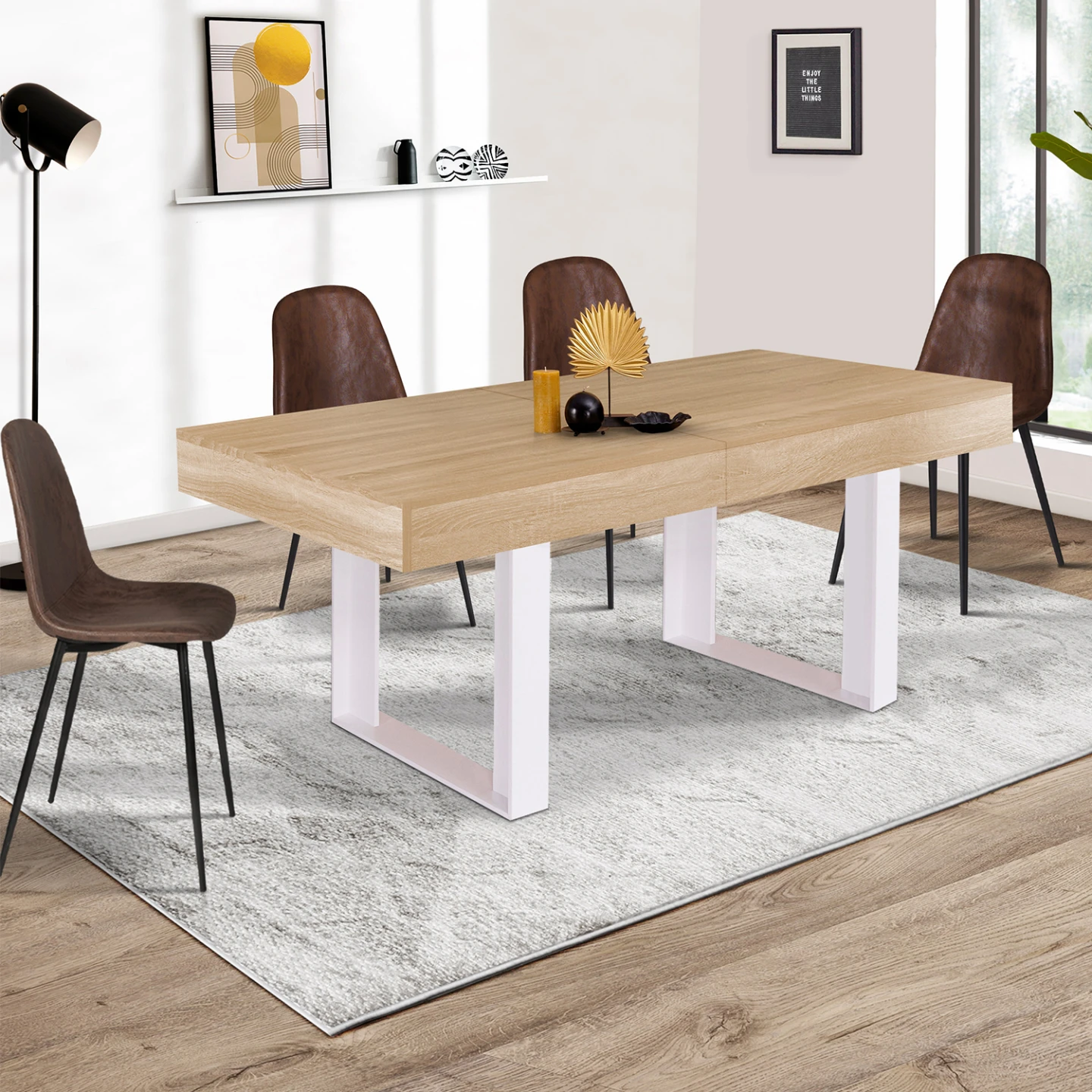 Table à manger extensible rectangle PHOENIX 4-8 personnes bois et blanc 160-200 cm