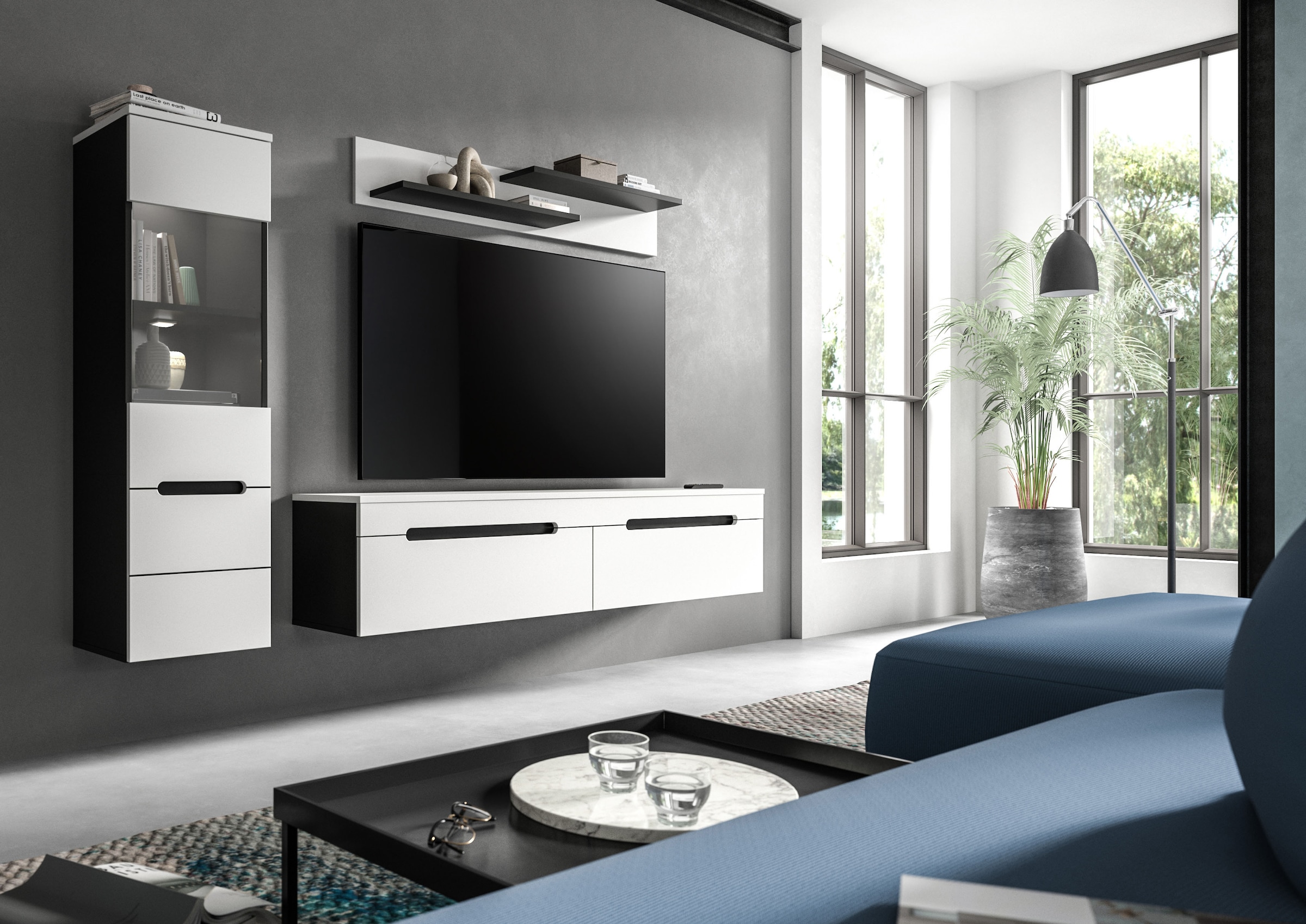 INOSIGN Wohnwand »REHAT, TOPSELLER!, 3-teilig, inkl. Beleuchtung, stehend oder hängend« Set bestehend aus: Vitrine inkl. Beleuchtung, Lowboard und Wandboard, 3 Stk. tlg.