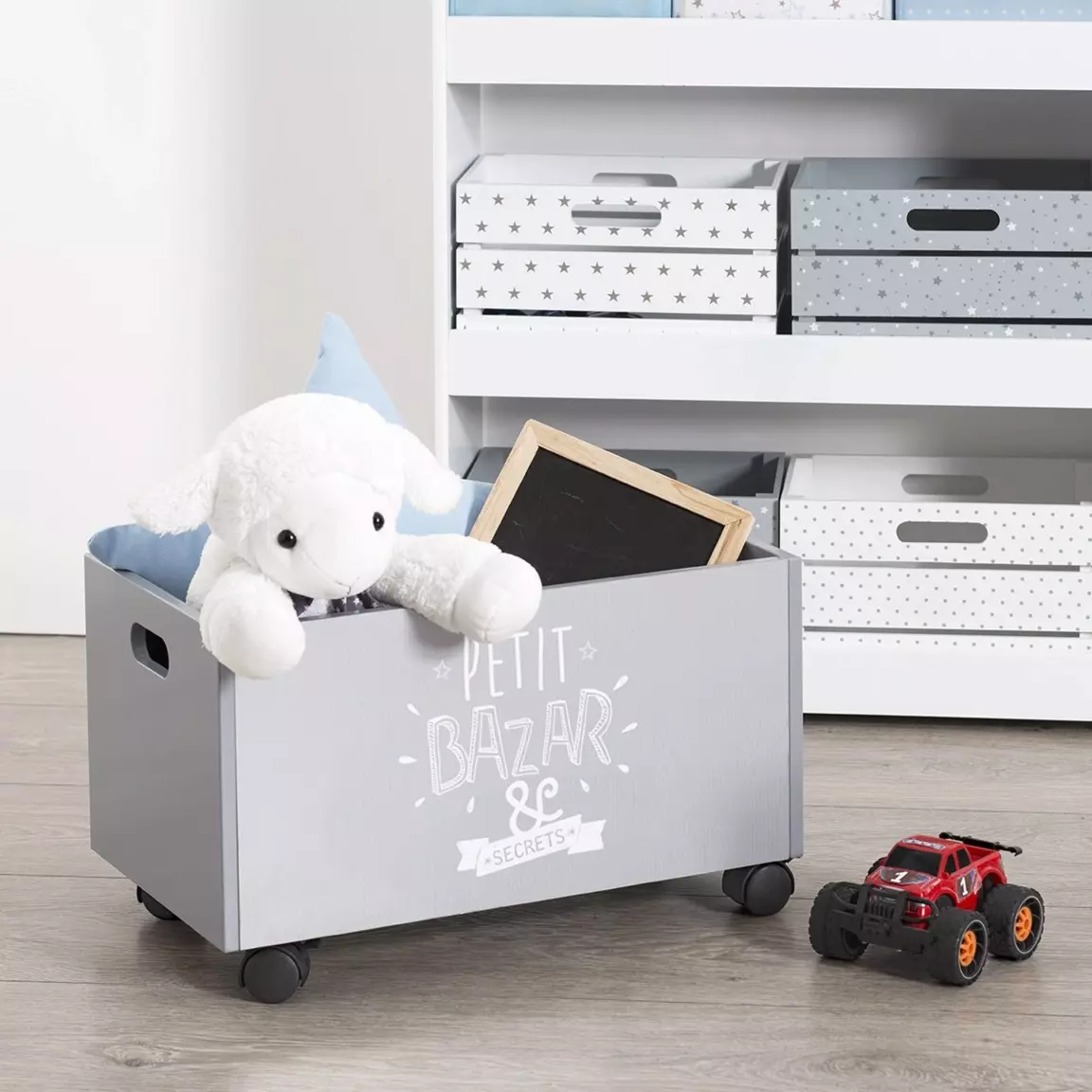 Coffre à jouets enfant bois (H28 cm) Oxo Gris