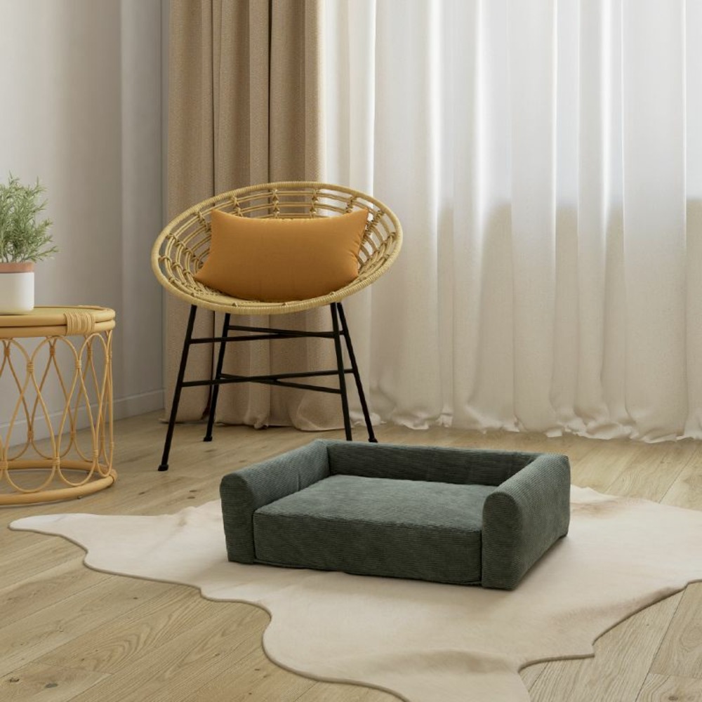 Panier pour chien leonard en tissu velours côtelé vert taille s