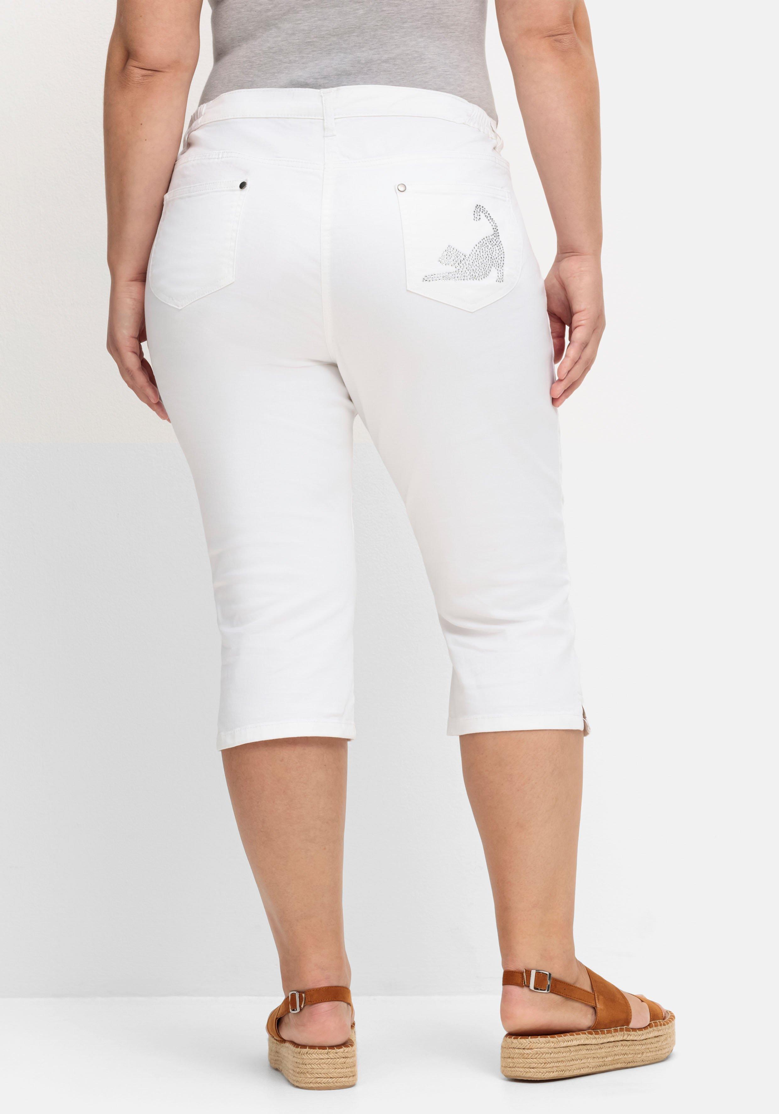 Caprijeans mit Teilgummibund und Glitzersteinen