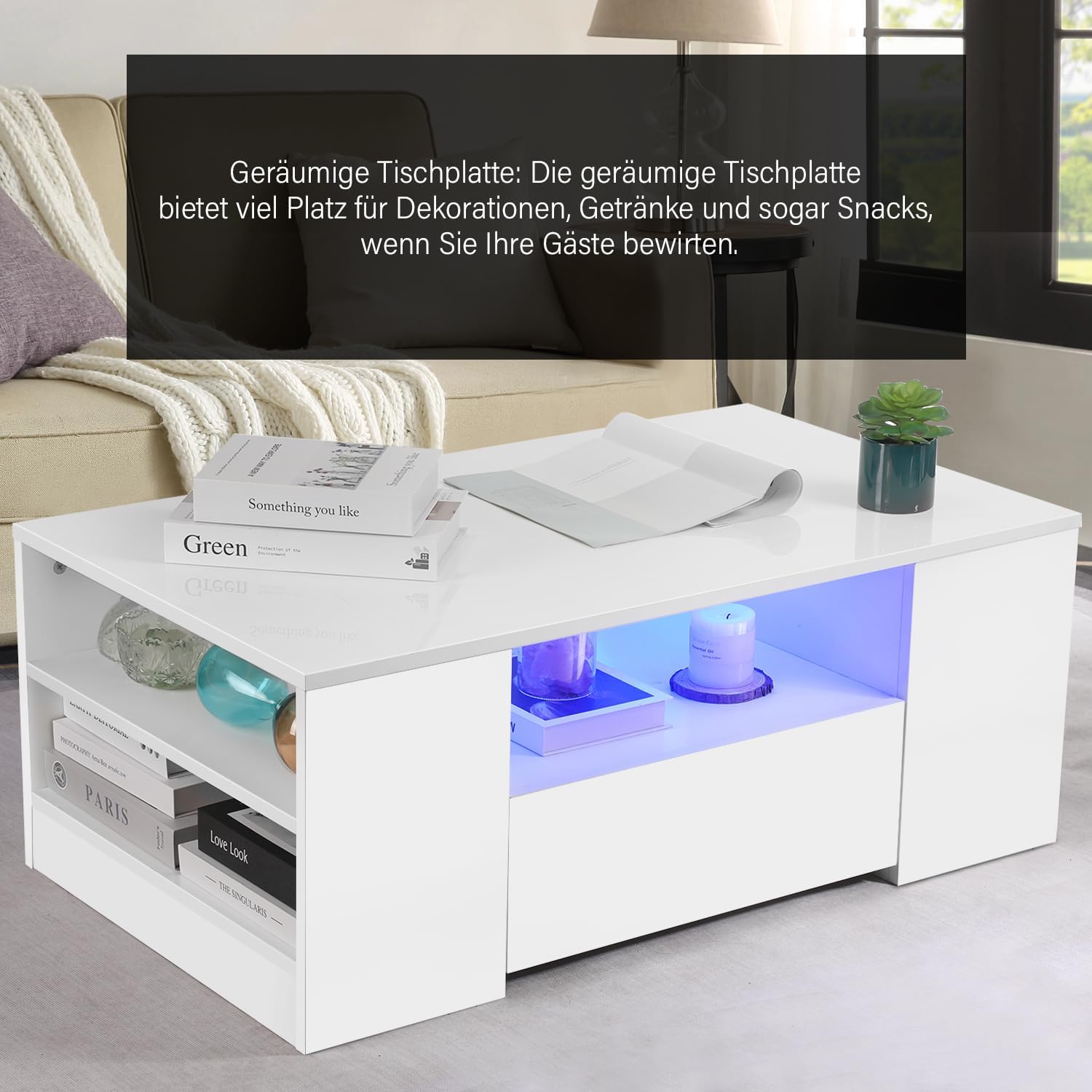 Couchtisch mit LED-Beleuchtung, Modern Sofatisch Wohnzimmertisch mit 2 Schublade, 100x55x37cm