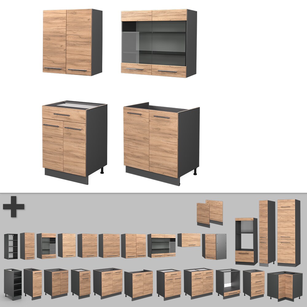 Vicco Küchenzeile Küchenblock Einbauküche Fame-Line Single Anthrazit Eiche 140 cm modern Küchen Schränke Spülenunterschrank Schubunterschrank Hängeschrank Hängeglasschrank