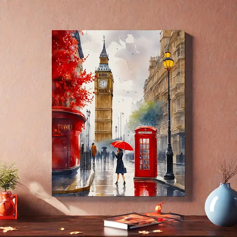 (9-tlg. Set) 50x40cm Malen Nach Zahlen DIY Leinen Tuch für Erwachsene und Kinder inkl. Bildaufhänger - Big Ben