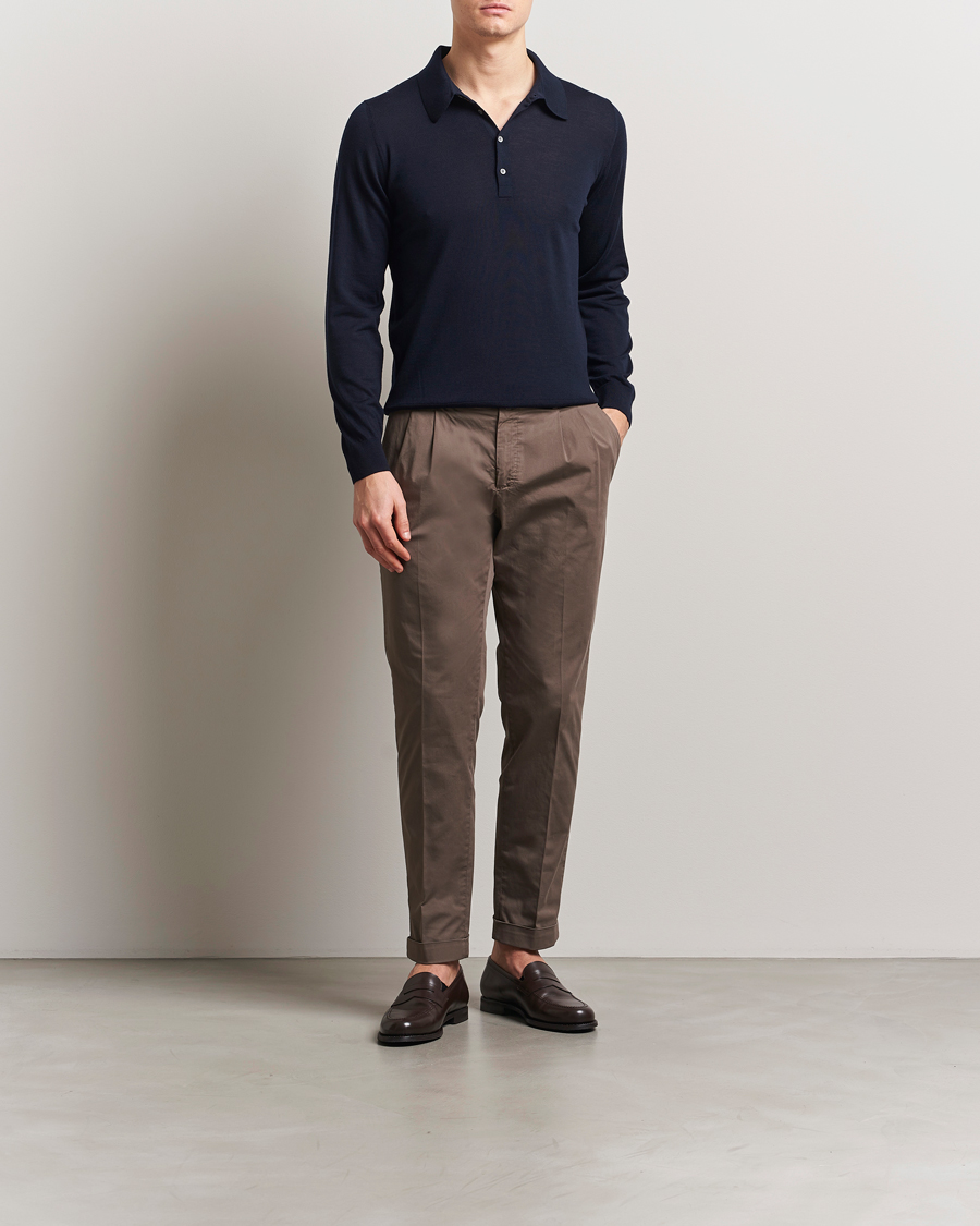 Piacenza Cashmere Merino Wool Long Sleeve Polo Navy