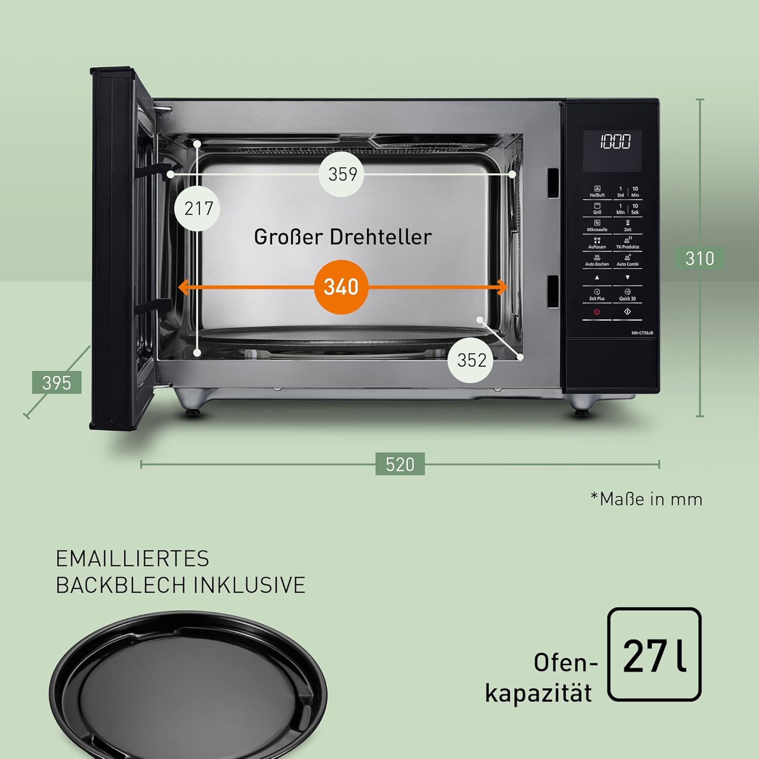 Panasonic NN-CT56JBGPG Slimline-Kombi-Mikrowellenherd mit Grill, Drehteller aus Glas, 27 l, 1000 W, 40/100–220 °C, 23 automatische Programme, Auftauen, 6 Leistungsstufen, digitale LED, Schwarz