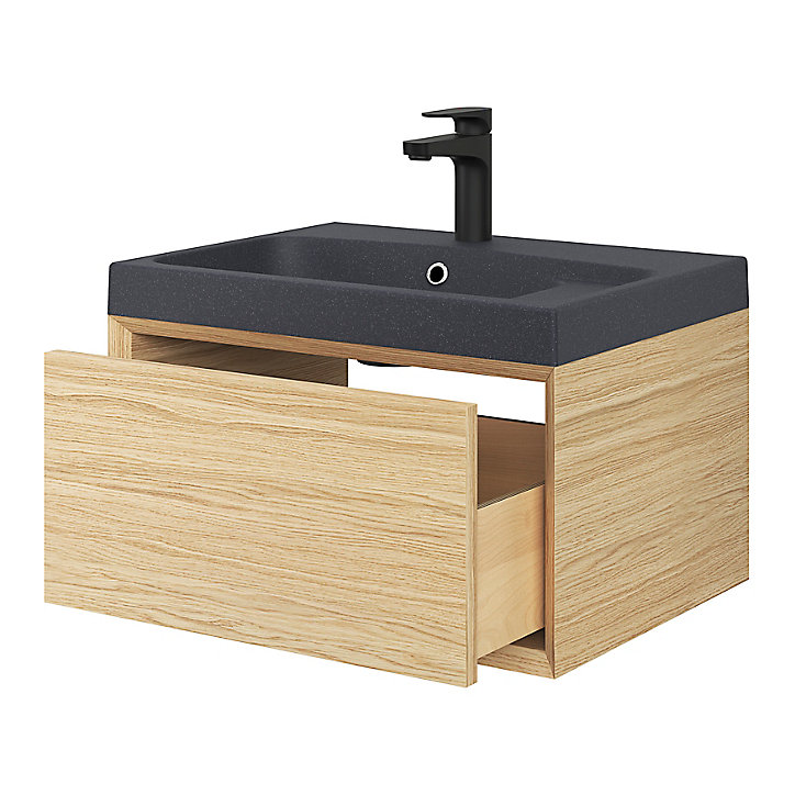 Meuble sous vasque 1 tiroir à suspendre GoodHome Avela placage chêne 60 cm + Plan vasque en résine noir Mila