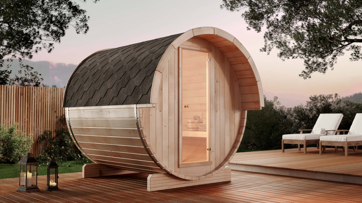 FinnTherm Samantha Barrel Sauna met 2 houten banken, wanddikte 42 mm, buitensauna met montagemateriaal, natuurlijke afwerking