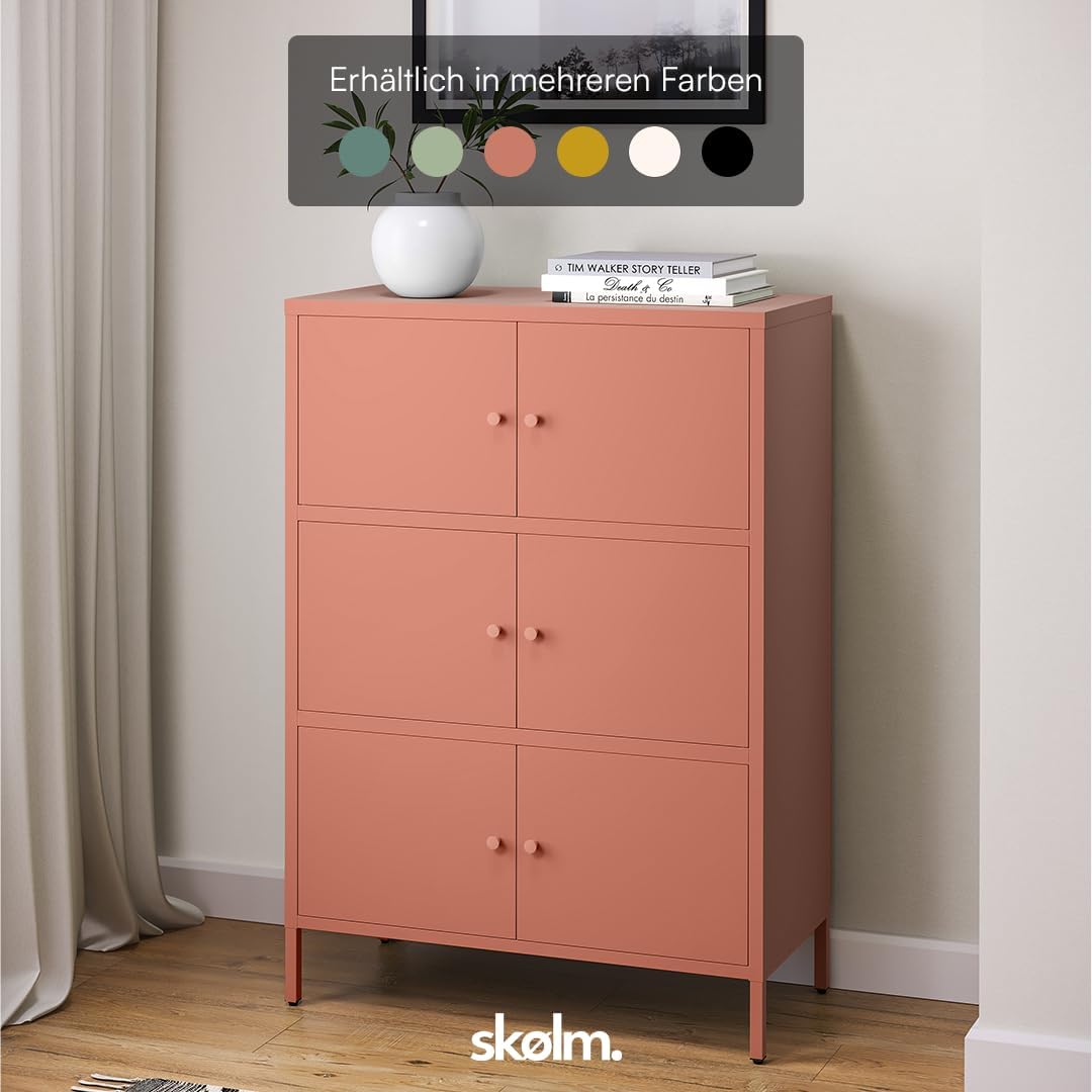 skølm Atriona Metall Kommode – Sideboard mit 3 Fächern & 6 Türen – Metallschrank in Terrakotta – Mehrzweckschrank – Highboard 80 cm breit – höhenverstellbare Füße – Aufbewahrungsschrank – Flurschrank