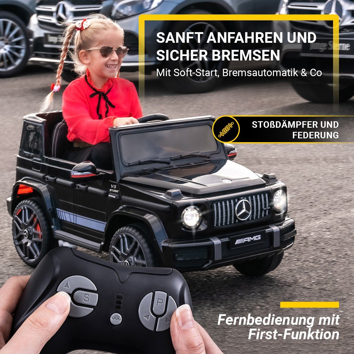 Actionbikes Motors Elektro-Kinderauto Mercedes Benz AMG G63 - Kinder Elektro Auto ab 3 Jahre, Belastbarkeit 35 kg, (2-tlg), Soft-Start - Sto&szlig;d&auml;mpfer