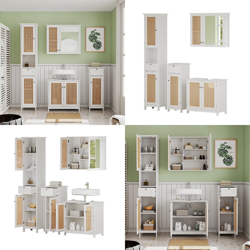 Vicco Badmöbel-Set Rosario, Weiß, moderne Serie, Badezimmer, dekorative Front, Spiegelschrank, Waschtischunterschrank, Midischrank, Hochschrank