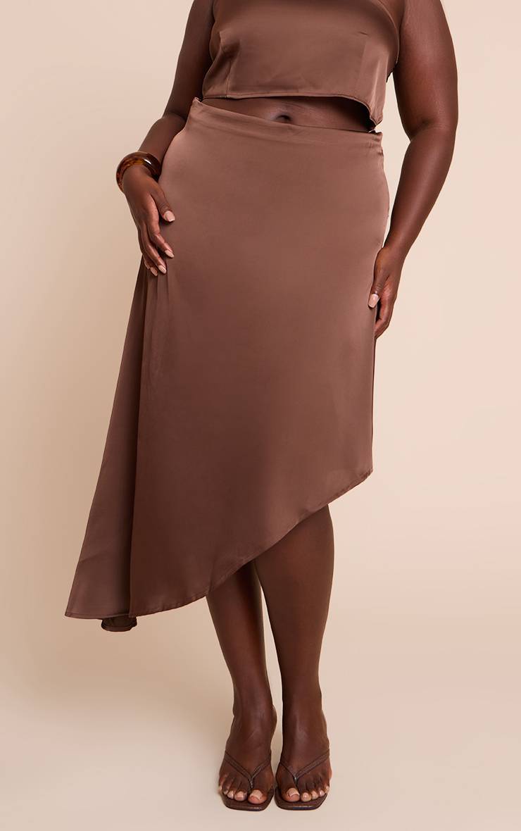 Marron Foncé Jupe Midi Asymétrique En Satin Imprimé Grande Taille Coordonnée