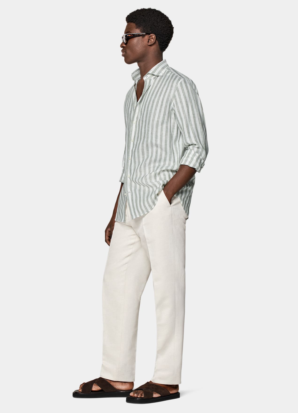 Chemise coupe ajustée vert clair à rayures