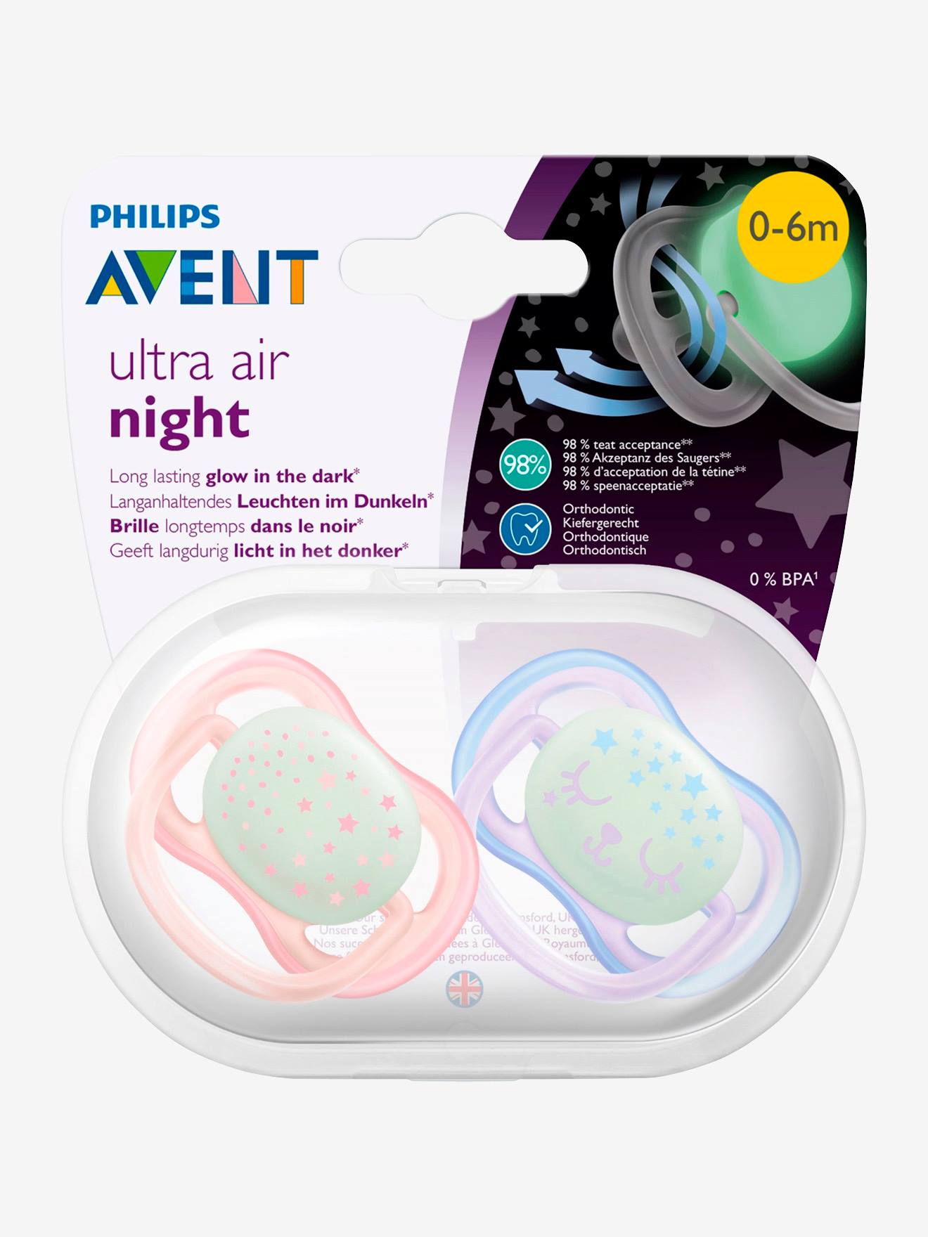 Chupeta noturna Philips AVENT Ultra Air para bebês de primeira idade, pacote com 2 unidades, lisa, tamanho médio, azul com estampas.
