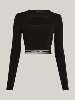 Top cropped super curto com recorte de fita com logo