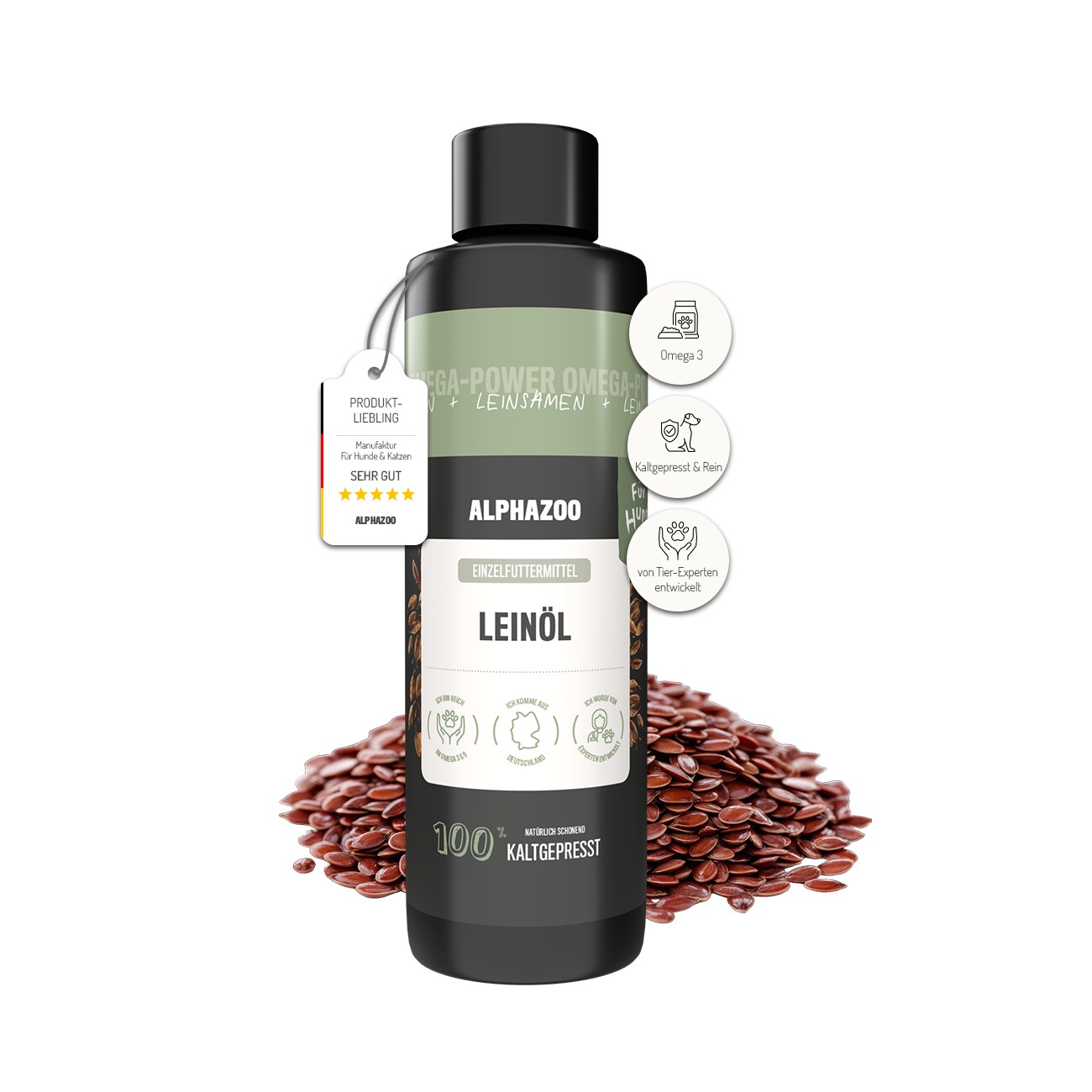 ALPHAZOO Premium Leinöl für Hunde I Omega 3 Leinsamenöl 300 g