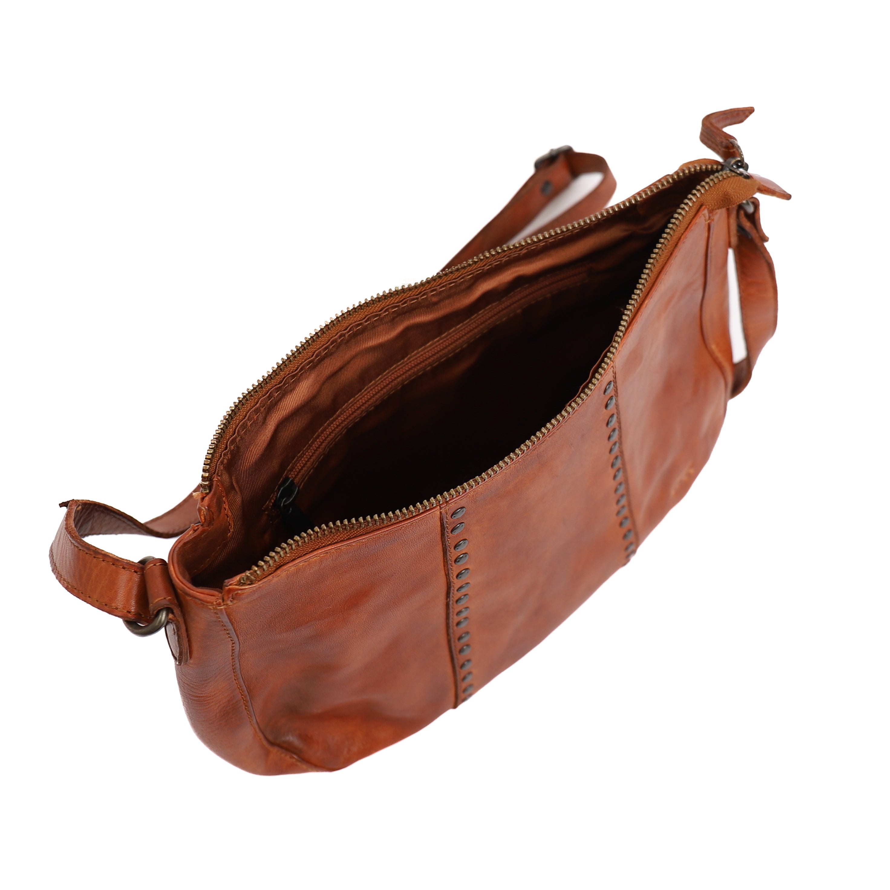 Middelgroot schoudertasje met studs 'Saar' cognac Cognac