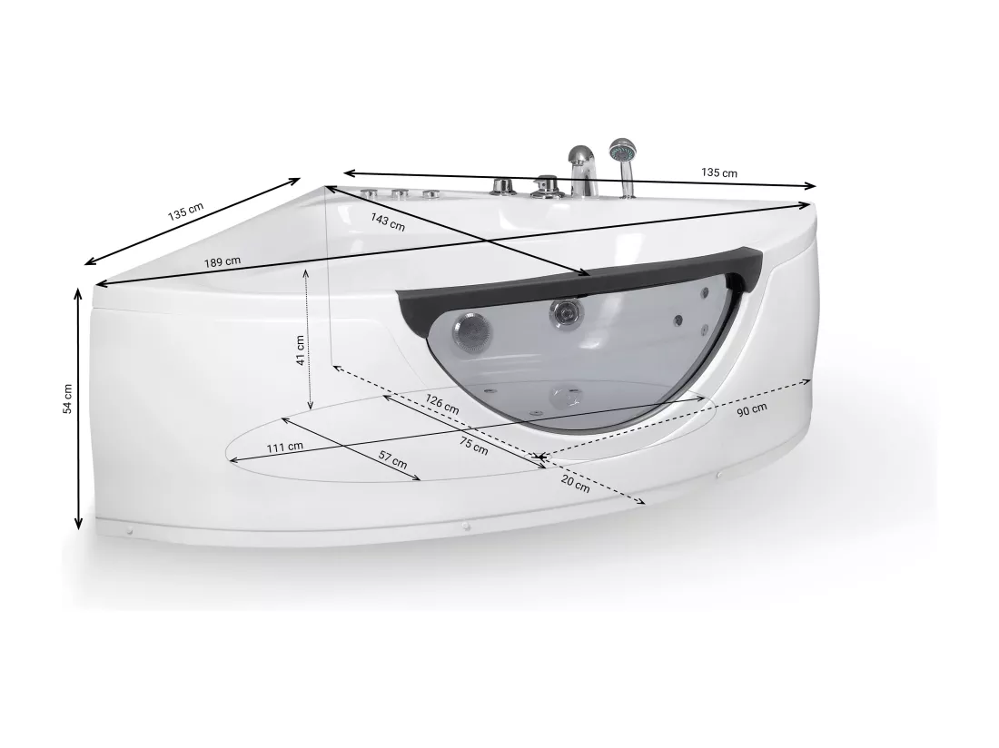 Baignoire balnéo d'angle TASMANIE Jets L135xl135xH54cm, by SPALINA