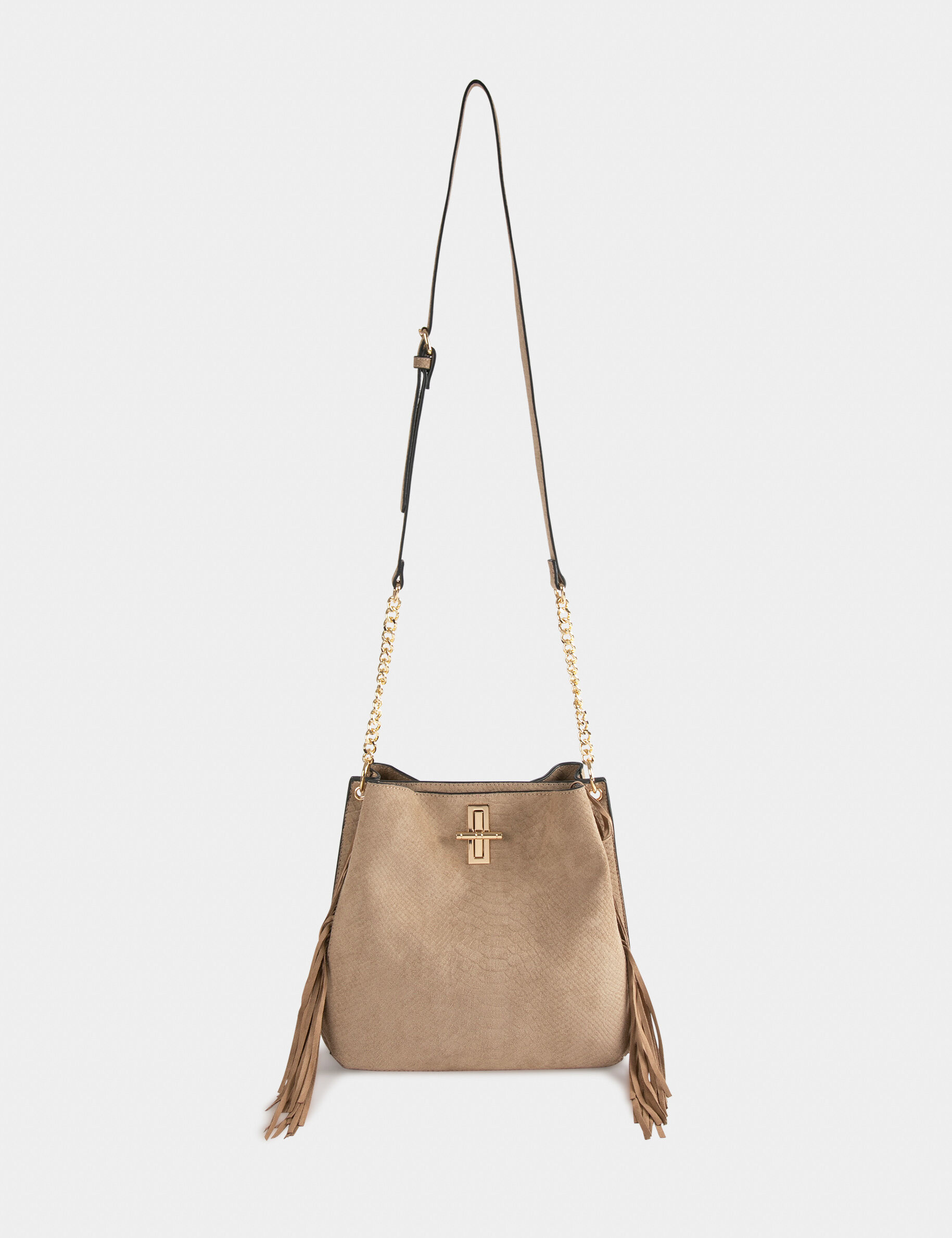 Sac seau à franges aspect python beige femme - beige