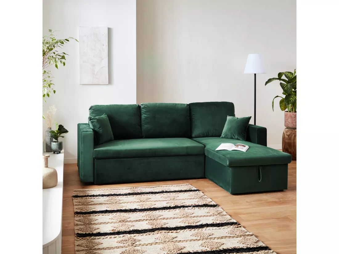 Canapé d'angle convertible en velours vert anglais 3 places. fauteuil d'angle réversible coffre rangement lit modulable