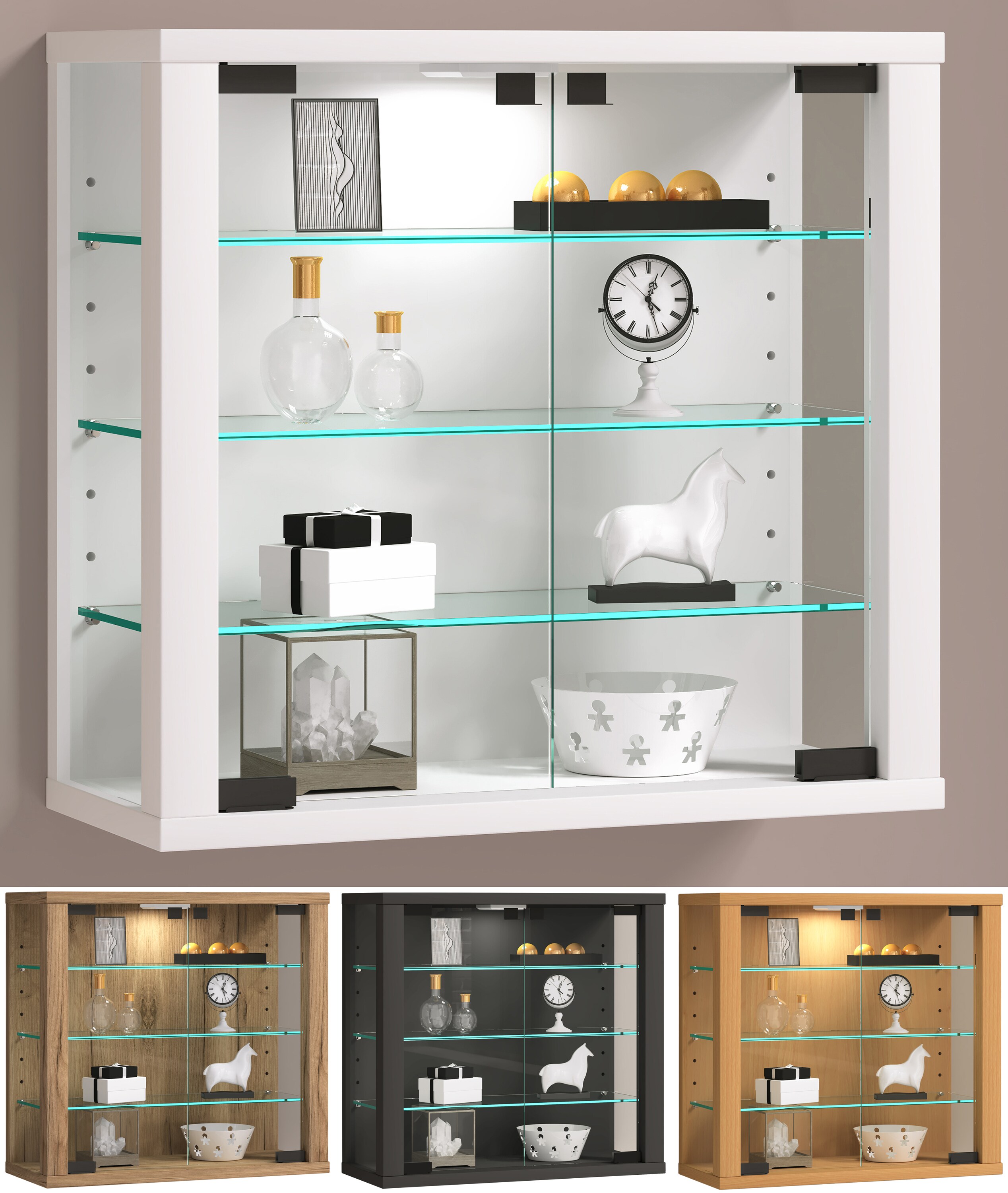 VCM Glasvitrine hängend | Vitrine Glas mit ESG-Sicherheitsglas | Maße: H. 40 x B. 43 x T. 18 cm | Hängevitrine Glas | Modern und platzsparend | Glas Vitrinenschrank - Vitrosa S