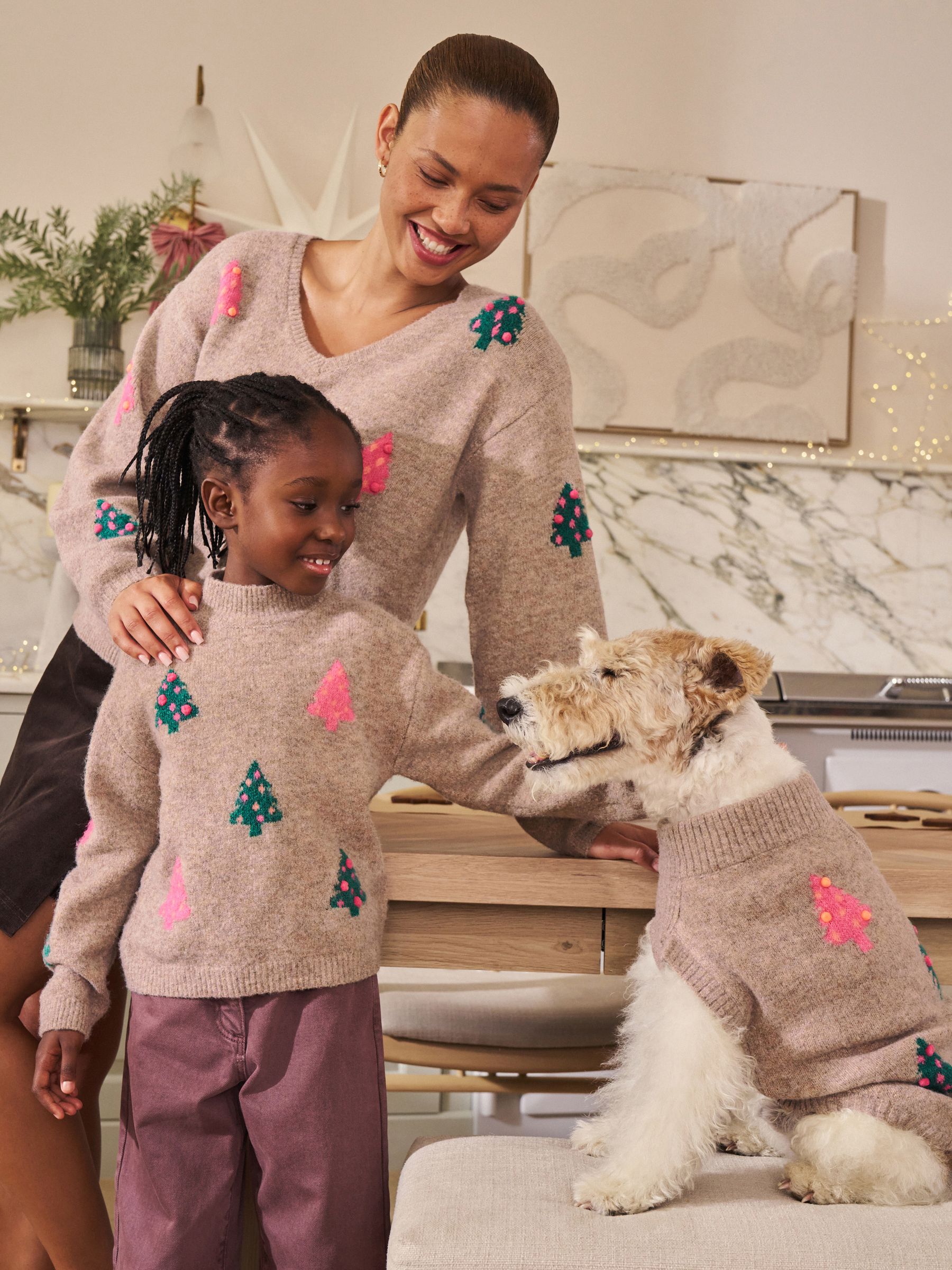 Neutral Bright Trees - V-Neck Matching Family Christmas Jumper
