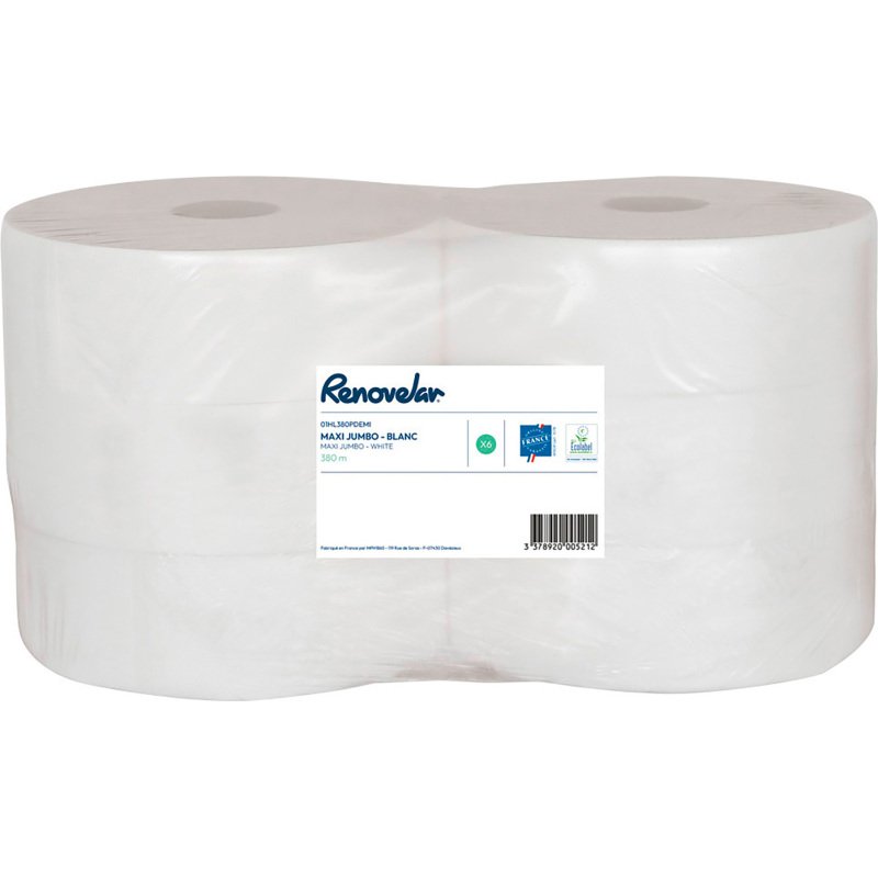 Papier toilette Maxi Jumbo double épaisseur Renovelar - 6 rouleaux de 380 m