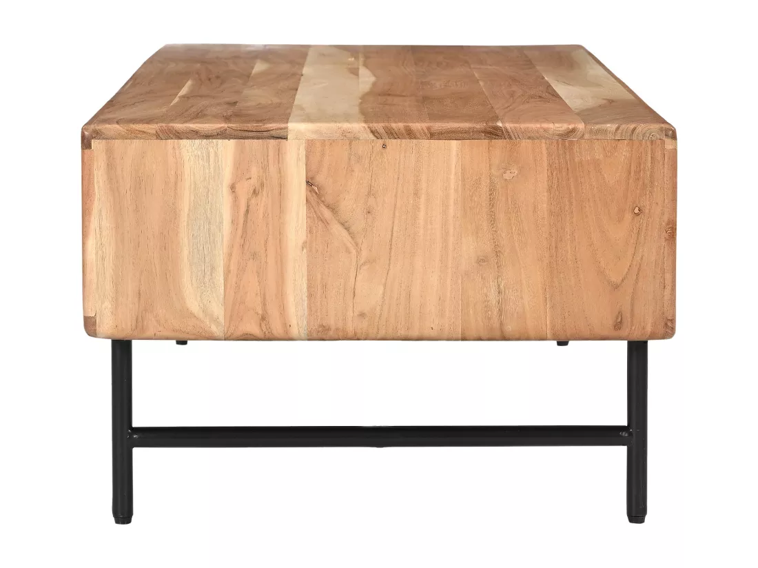Table basse avec 2 tiroirs et 2 niches en bois d'acacia et métal noir - Naturel clair - ALEVIA