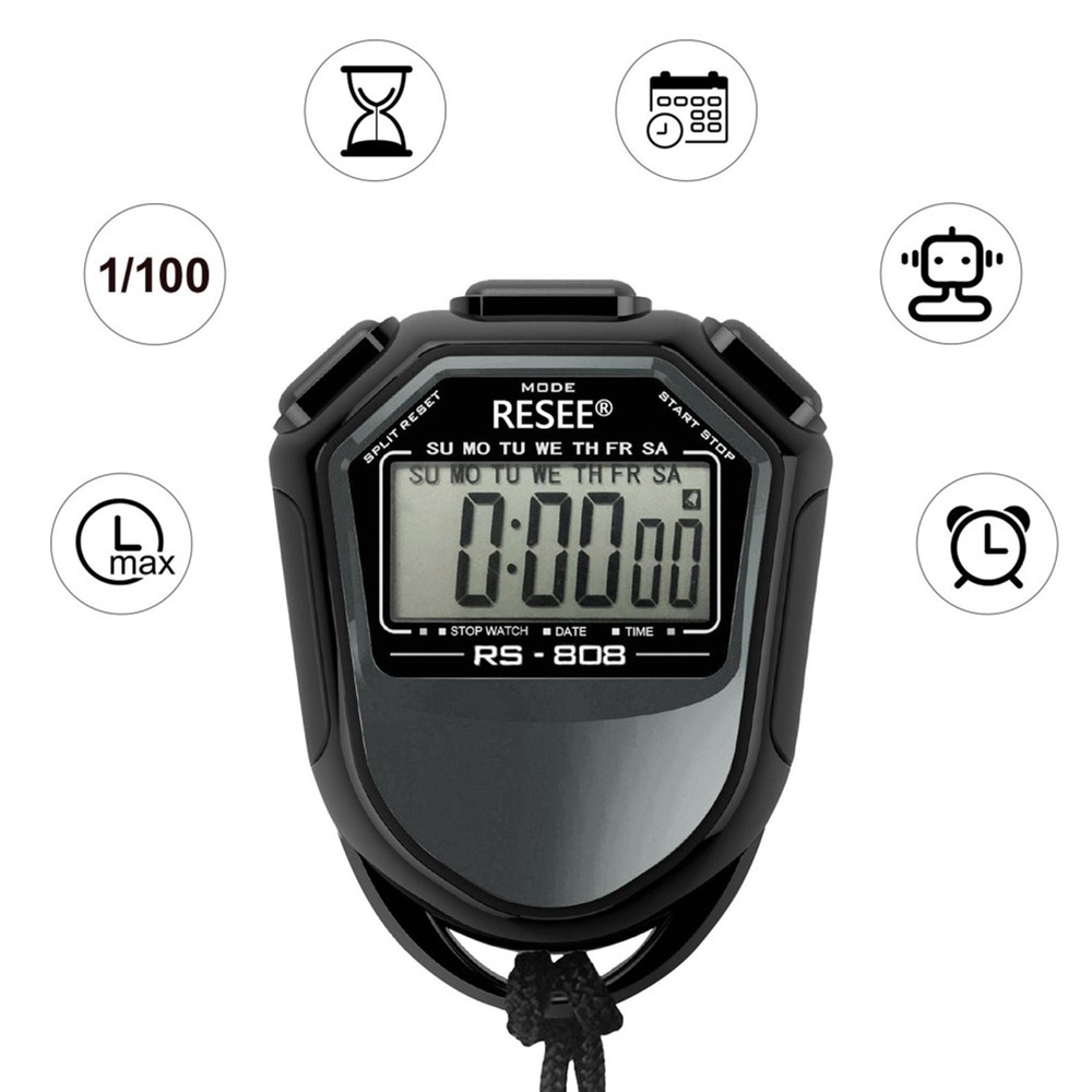 2in1 Digitale Hand Stoppuhr Sport Timer mit LCD Display   Umhängeband - Schwarz