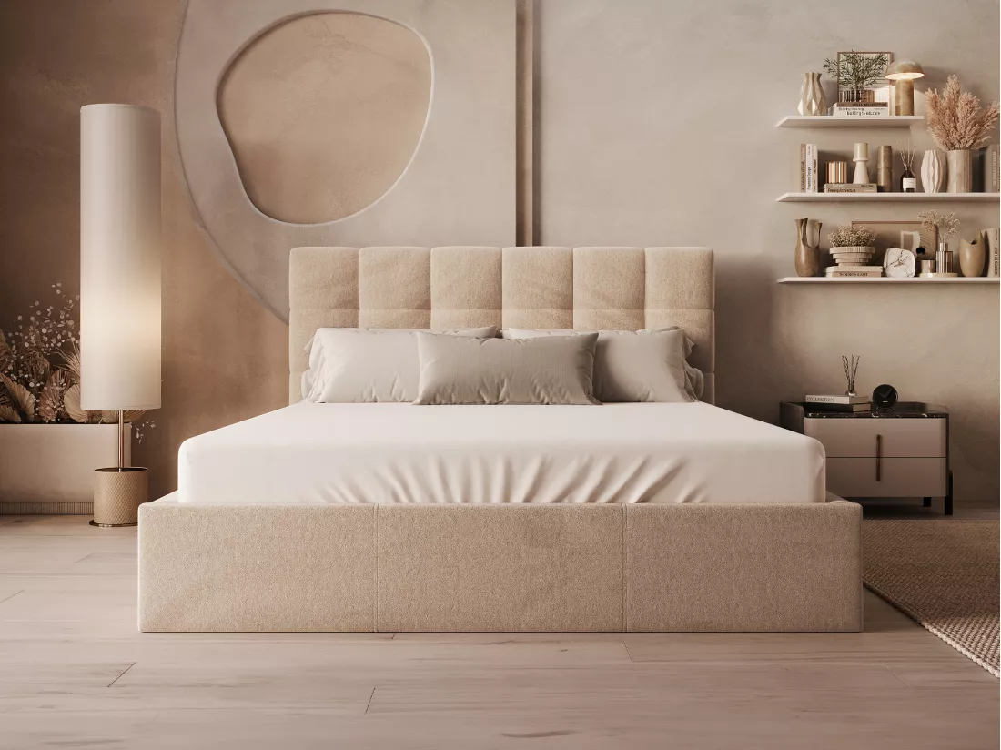 Lit coffre 160 x 200 cm - Velours - Beige + Matelas - MIRDAL de Pascal Morabito