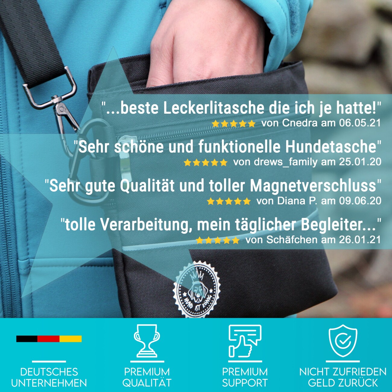 HUND IST KÖNIG ® Leckerlietasche für Hunde mit Einhand-Magnet-Verschluss für Gassi & Hundetraining M