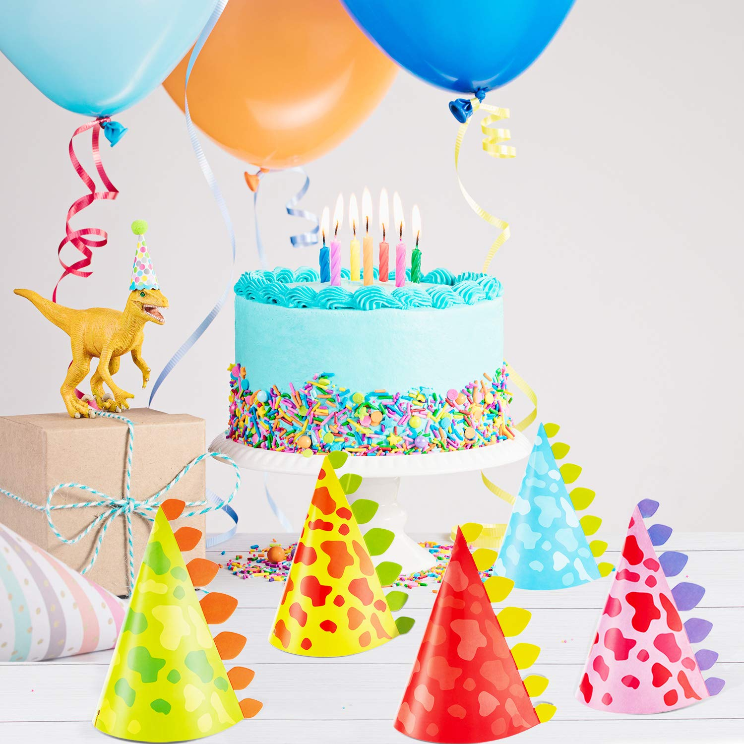 (20er Set) 11x19cm Kinder Party Hut Geburtstags Accessoire Kegel Mütze mit Gummizug - Dino