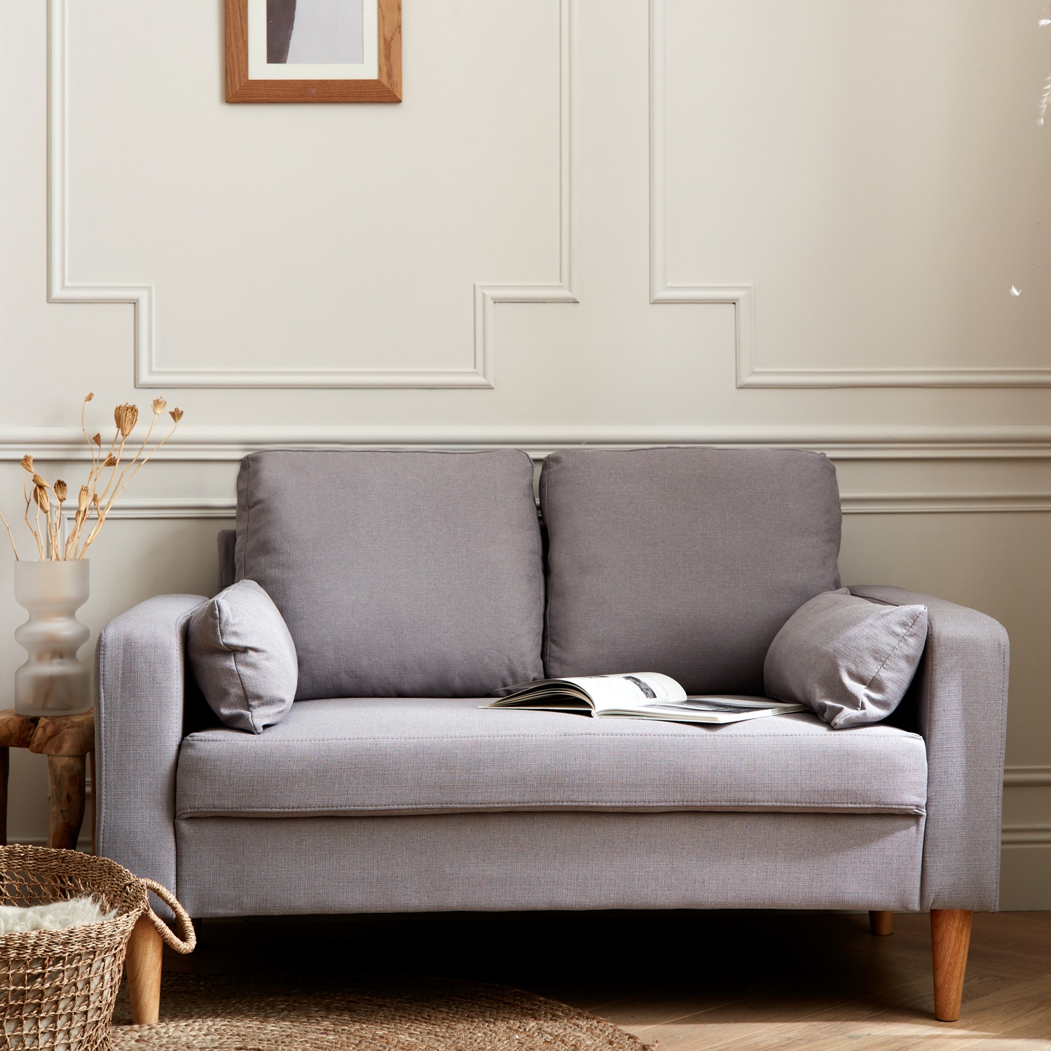 Canapé en tissu gris clair - bjorn - canapé 2 places fixe droit pieds bois. Style scandinave