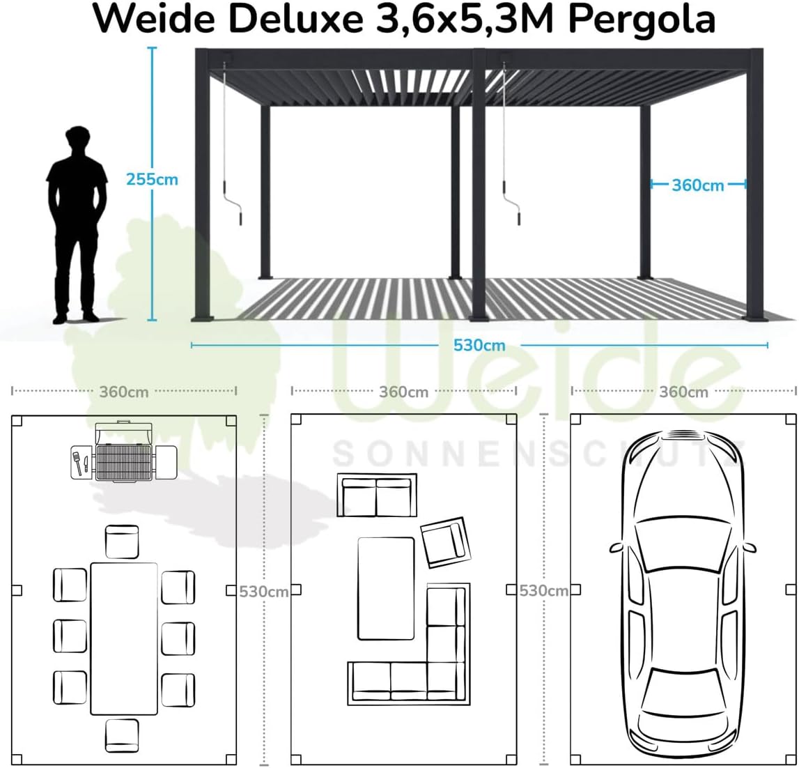 Pavillon Pergola 3,6x5,3m Terassenüberdachung freistehend mit Lamellendach verstellbar Gartenpavillon Hardtop wasserdicht stabil Winterfest Voll-Aluminium Grillpavillon Weide Deluxe Anthrazit