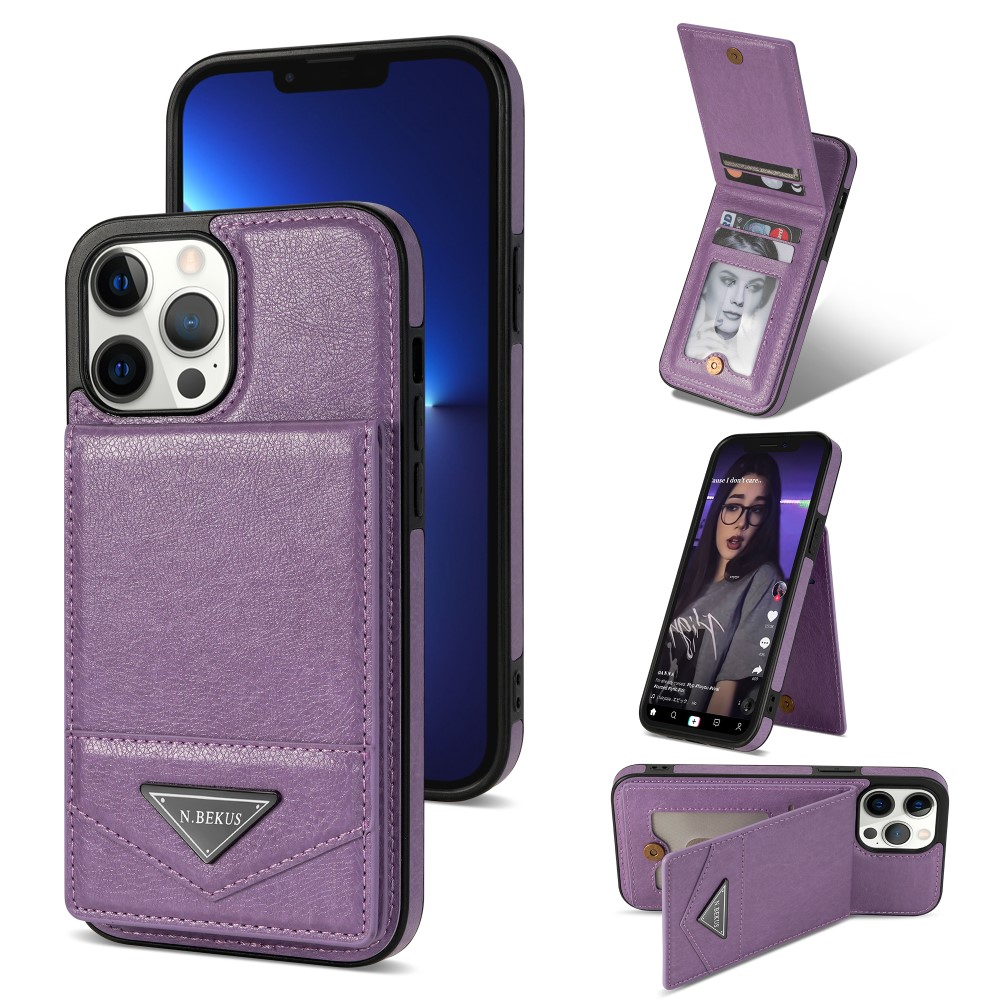 iPhone 15 Pro Max Hybrid Leder Hardcase Hülle mit Kartenfächer mit Aufsteller (RFID Schutz) - Lila