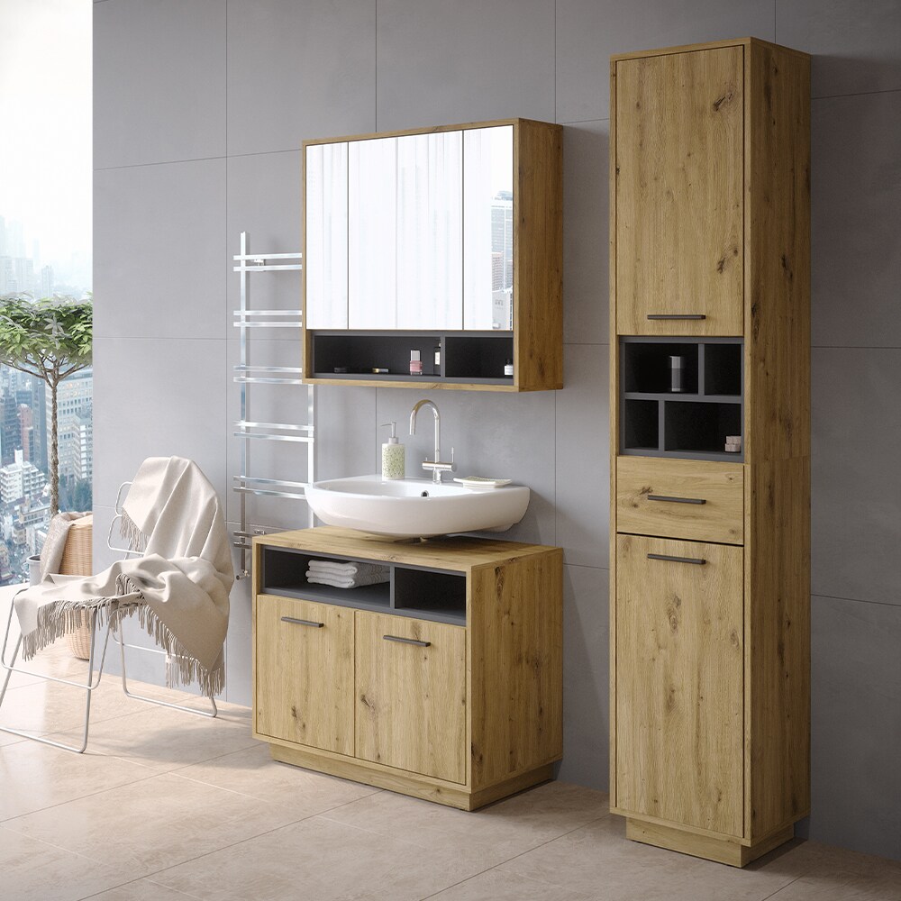 Vicco Badmöbel-Set Badezimmer-Möbel Bad-Schrank Beatrice Eiche Anthrazit modern Badezimmerschrank Waschtischunterschrank Spiegelschrank Hochschrank Schranktür Schrankfach
