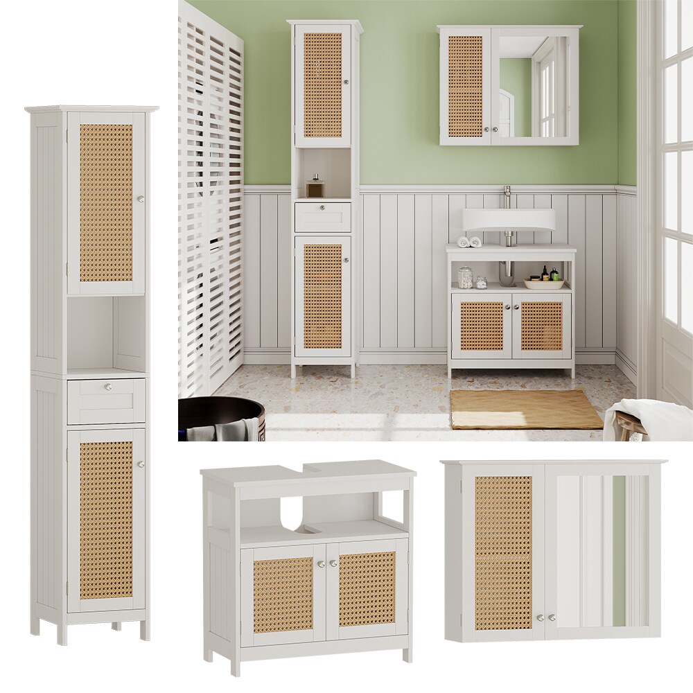 Vicco Badmöbel-Set Rosario, Weiß, moderne Serie, Badezimmer, dekorative Front, Spiegelschrank, Waschtischunterschrank, Hochschrank