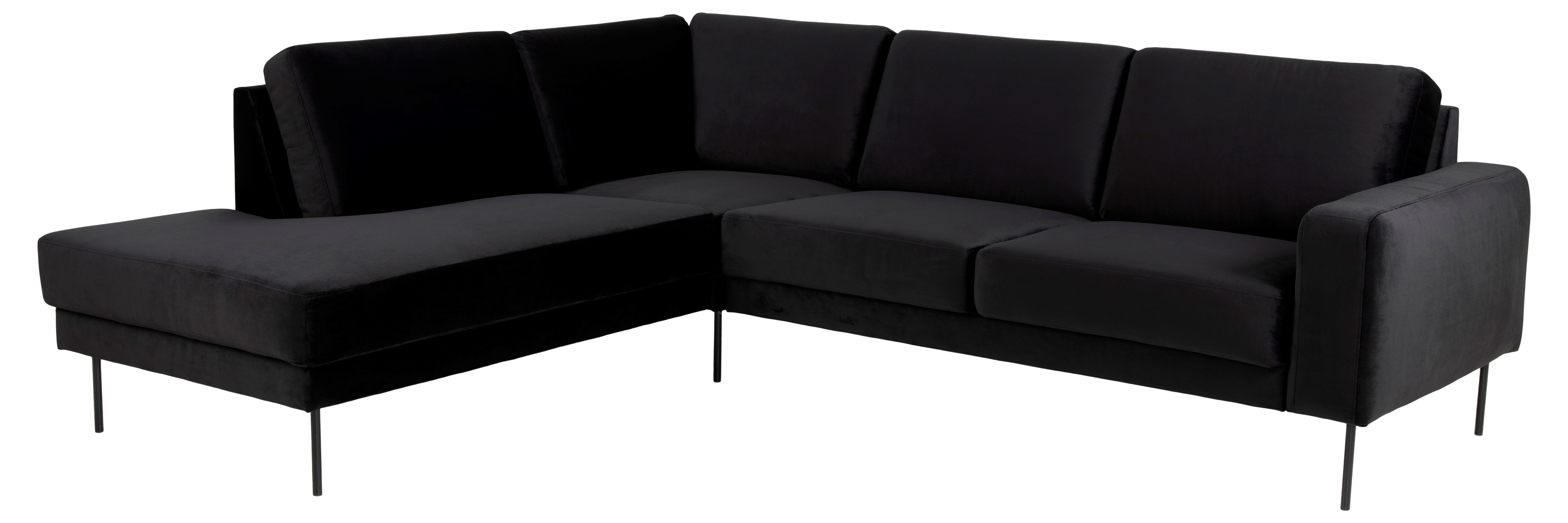 Shibuya hjørnesofa Letto Antrasitt velur. Med åpen ende venstre og sorte stålben.