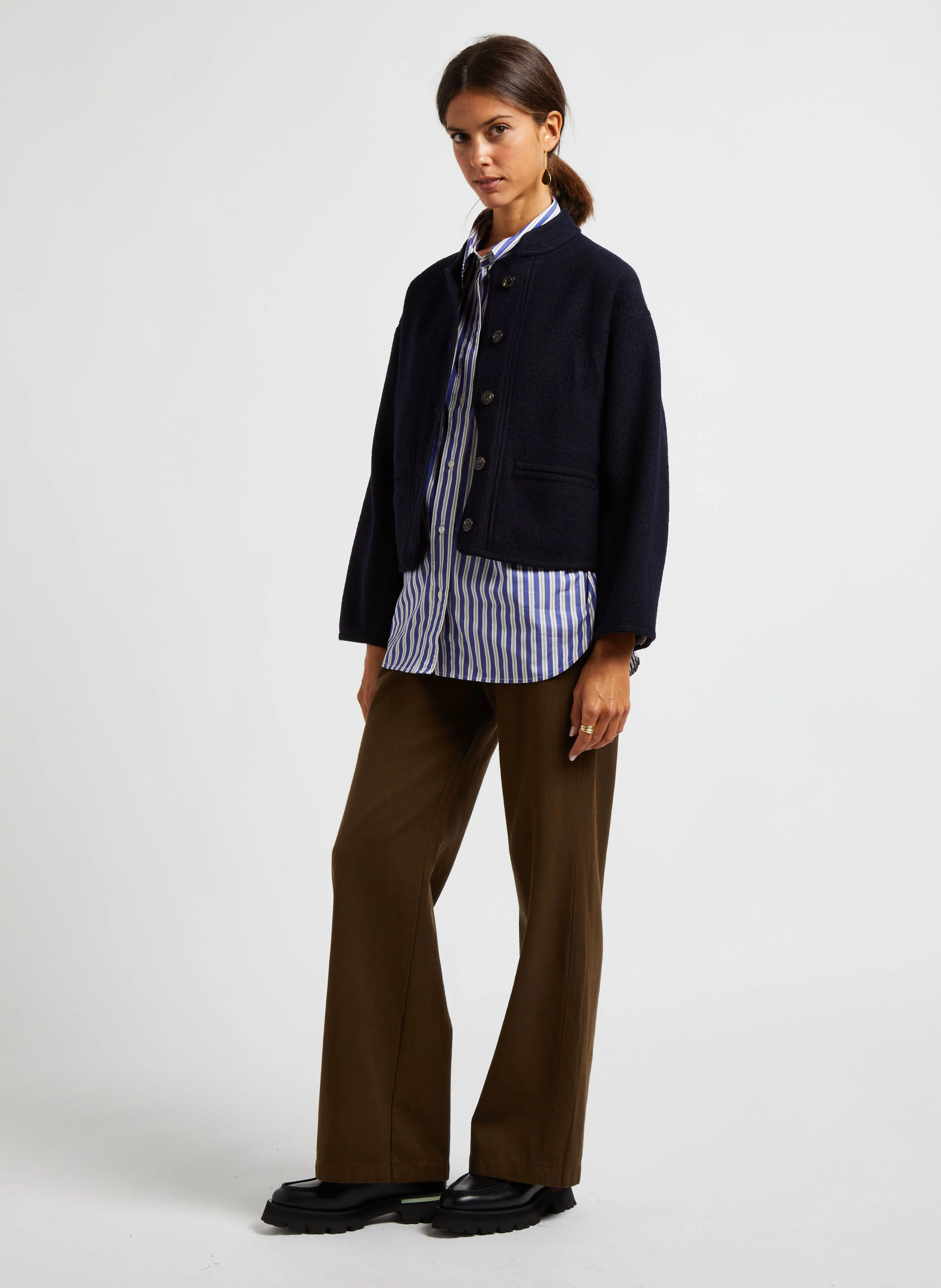 Pantalon large en laine et coton| Vert