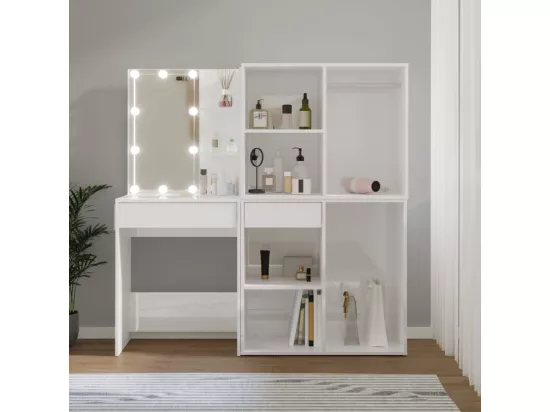 Coiffeuse à LED et 2 armoires Blanc brillant Bois d'ingénierie