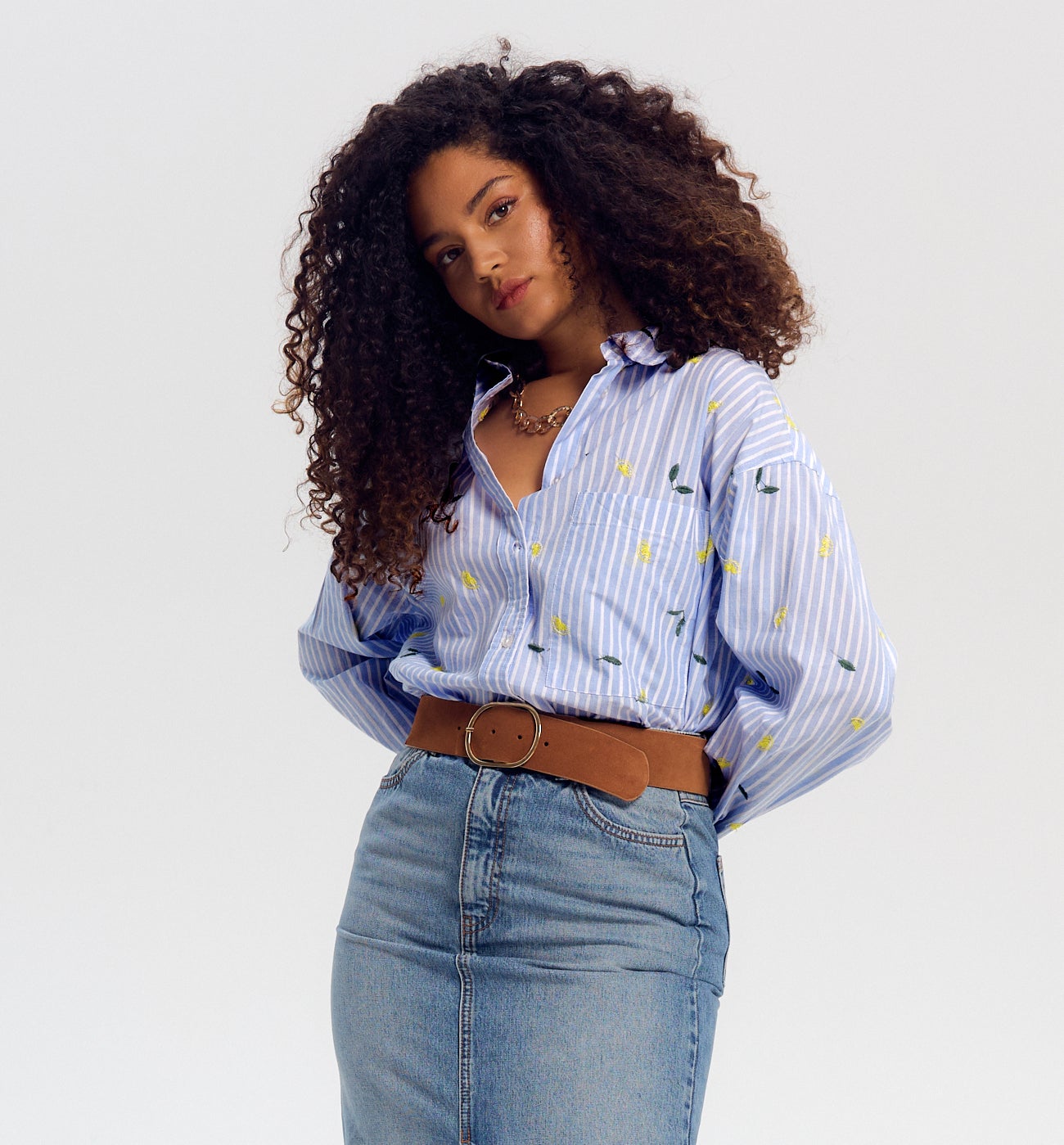 Maxi-chemise rayée brodée - Rayé marine