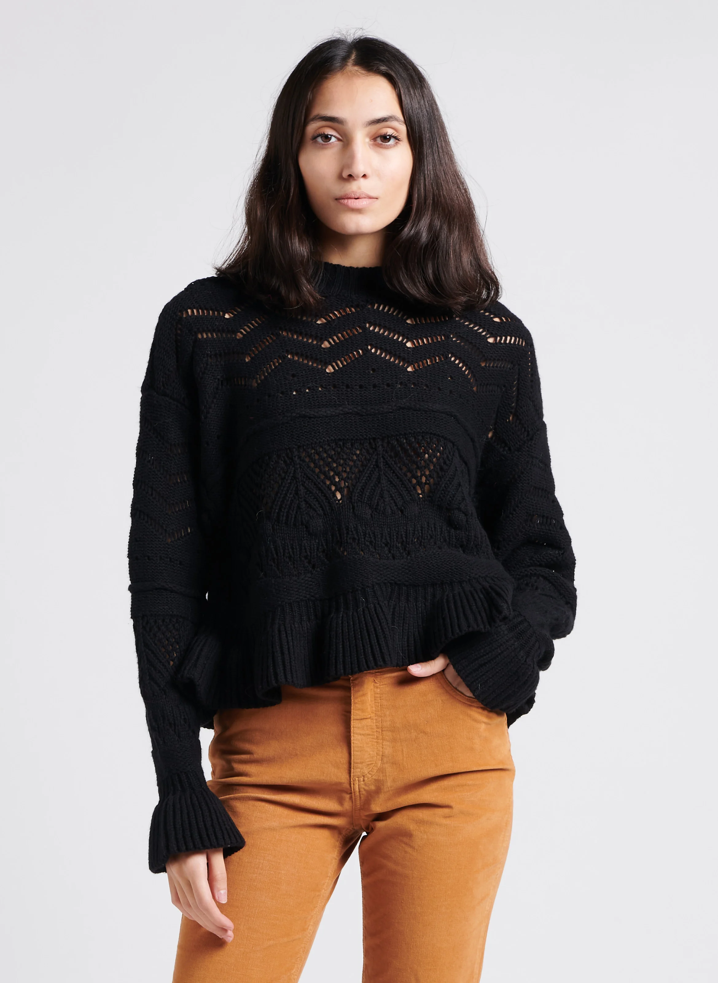 CARMELIA - Pull droit col rond en coton et laine mélangé | Noir