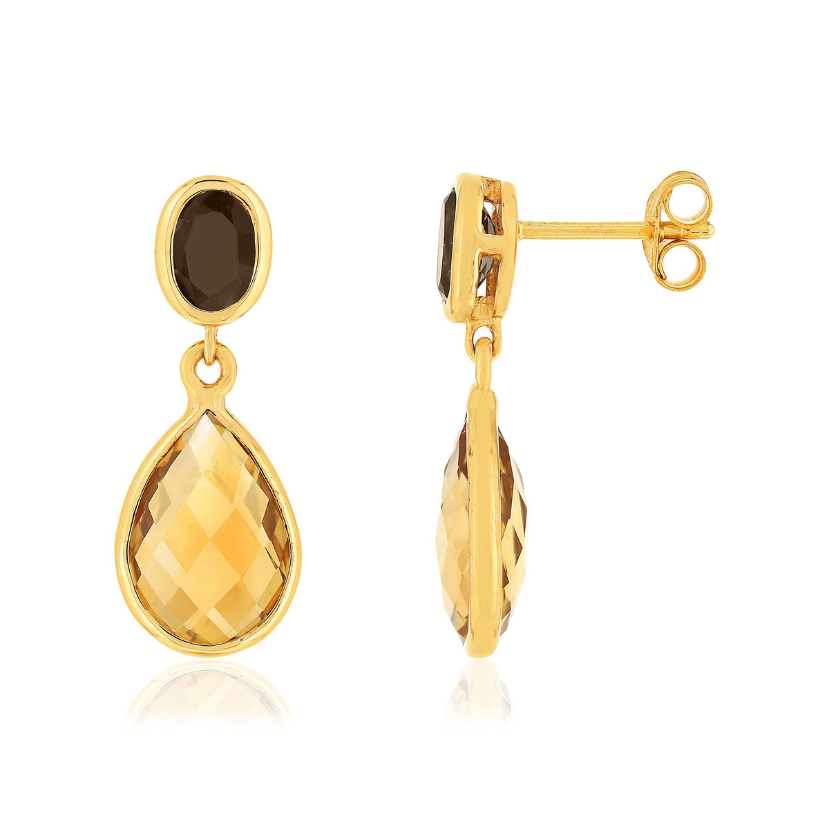 Boucles d'oreilles or jaune 375, citrine, quartz.