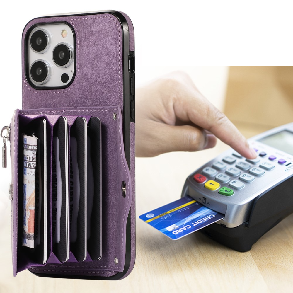 iPhone 14 Pro Max Necklace Leder Schutz Hülle mit Kartenfächer   Handykette (RFID Schutz) - Lila
